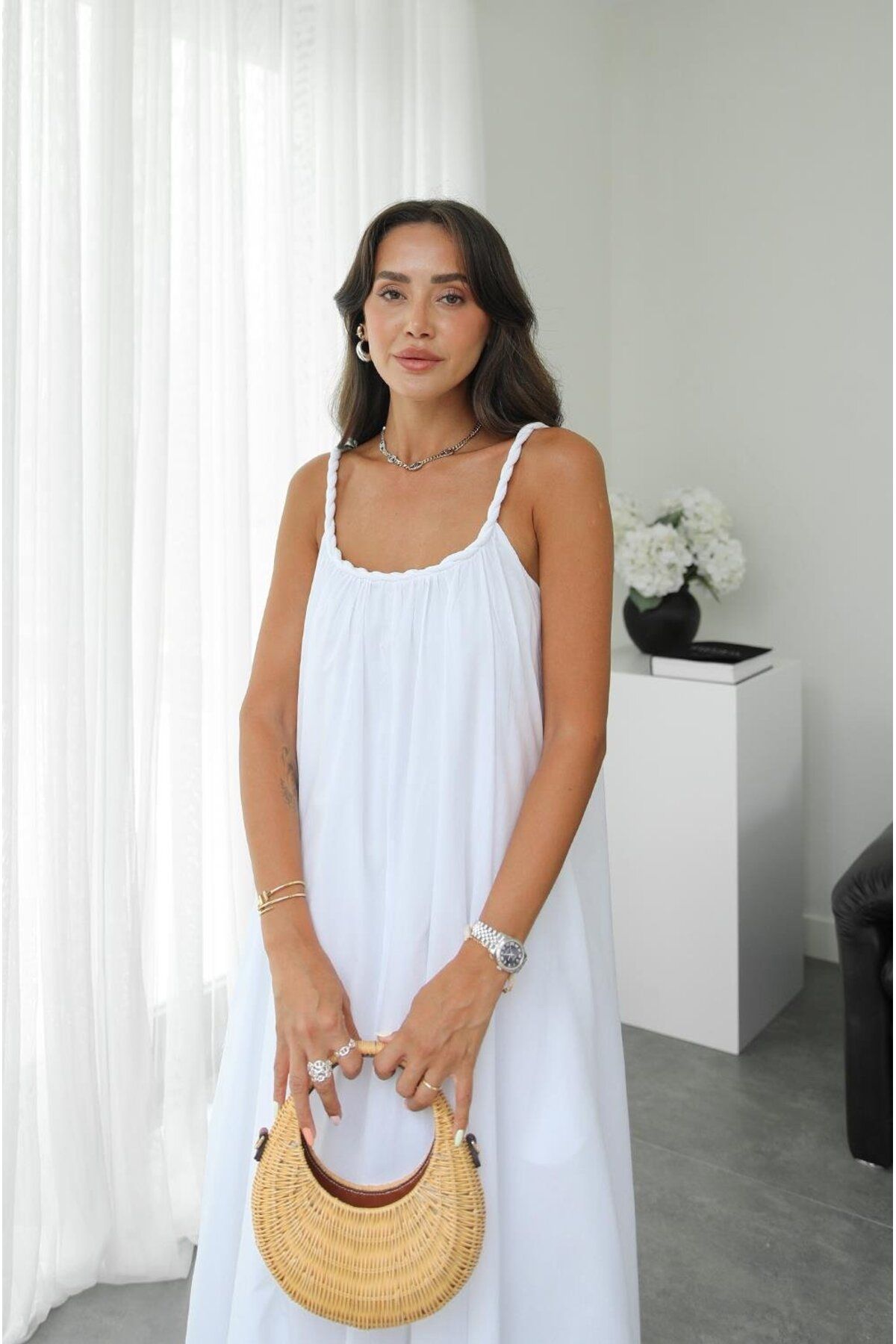 Havoş-White Mesh Detailed Lined Voile Dress 7