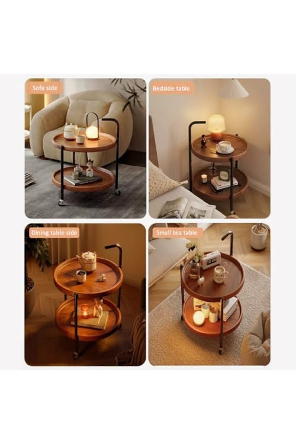 Türkiye-Round Coffee Table with Rolling Wheels, Movable End Table/Bedside Table, 2 Layers Small Trolley for 7