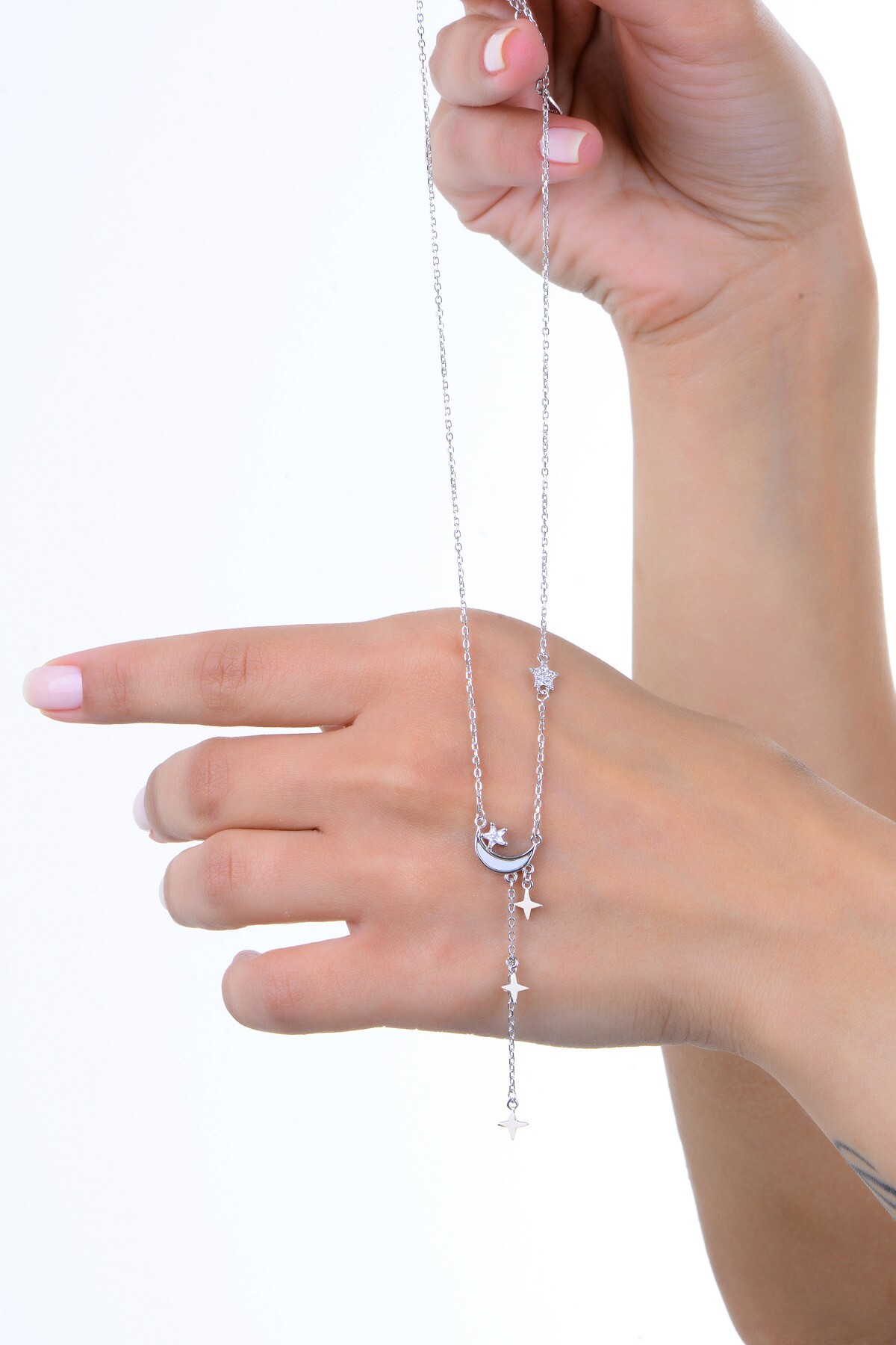 Söğütlü Silver Gümüş rodyumlu zirkon ve taşlı ay ışığı yıldız yağmuru kolye SGTL12962RODAJ görsel 2