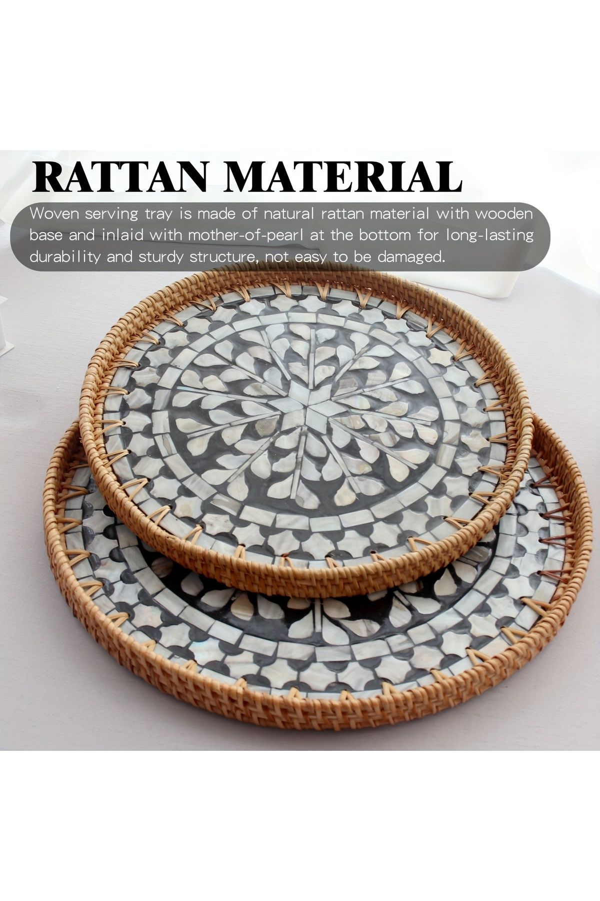 Cozy Nest-Handmade Rattan Tray Set of 2 with Mother-of-Pearl Inlay Round Boho Decorative Trays 6