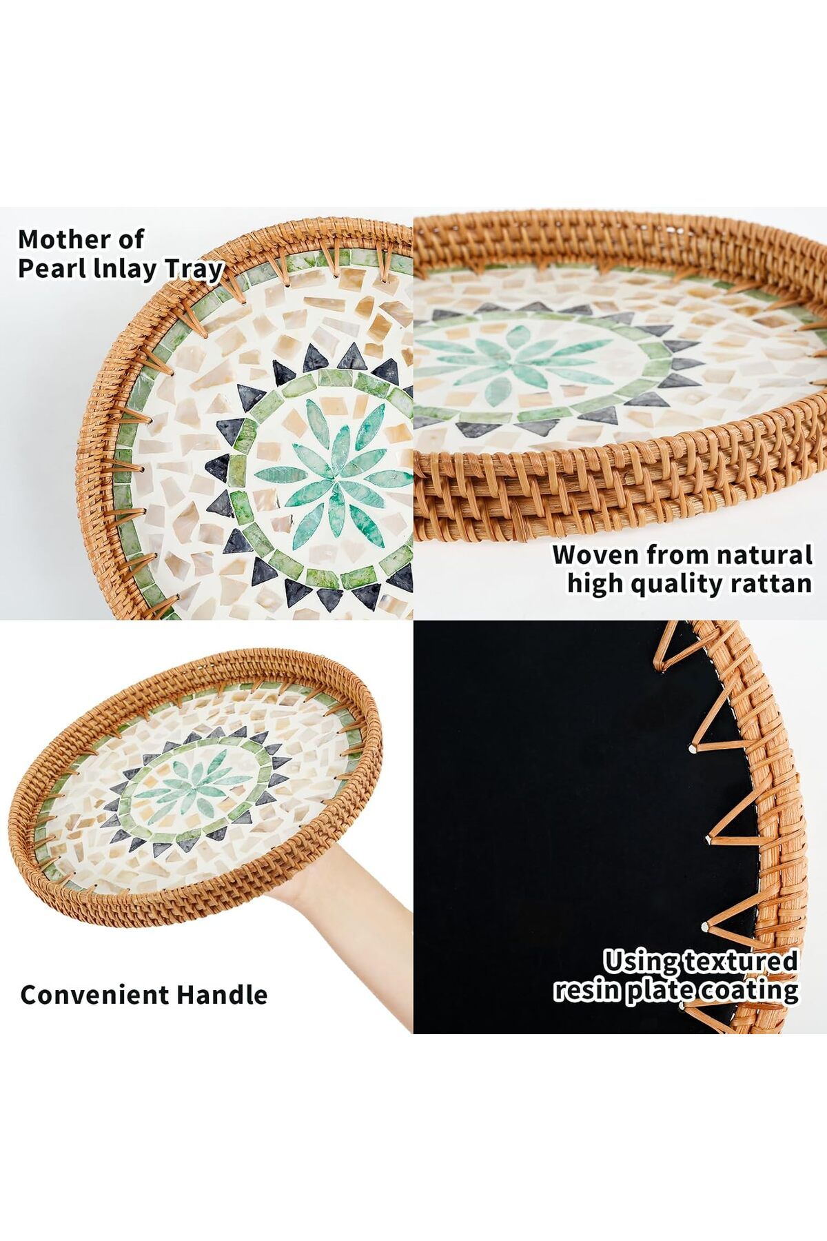 Cozy Nest-Handmade Rattan Tray Set of 2 with Mother-of-Pearl Inlay Round Boho Decorative Trays 6