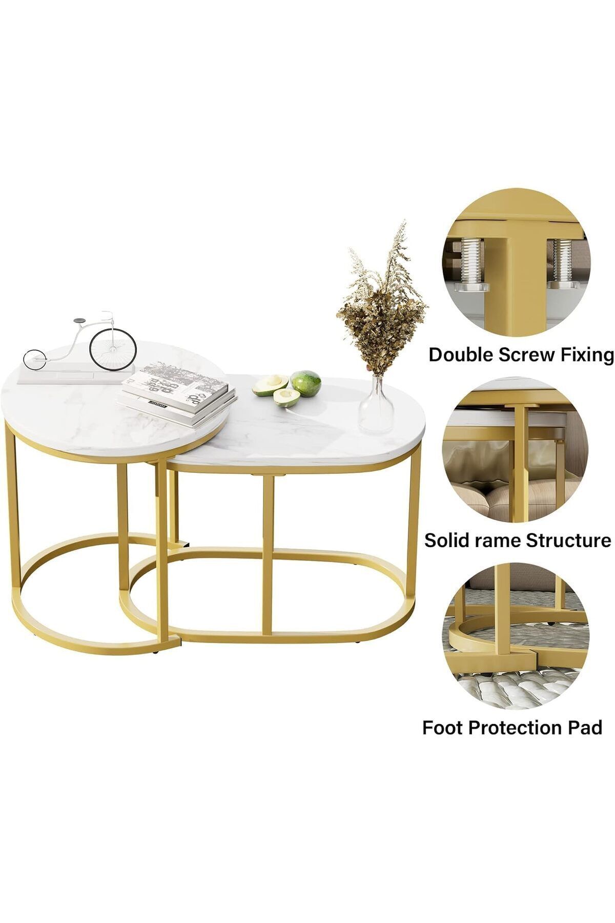 Türkiye-Huhote Round Coffee Tables, Set of 2 End Table, Nesting Tables, Oval Side Table with Metal Frame for 8