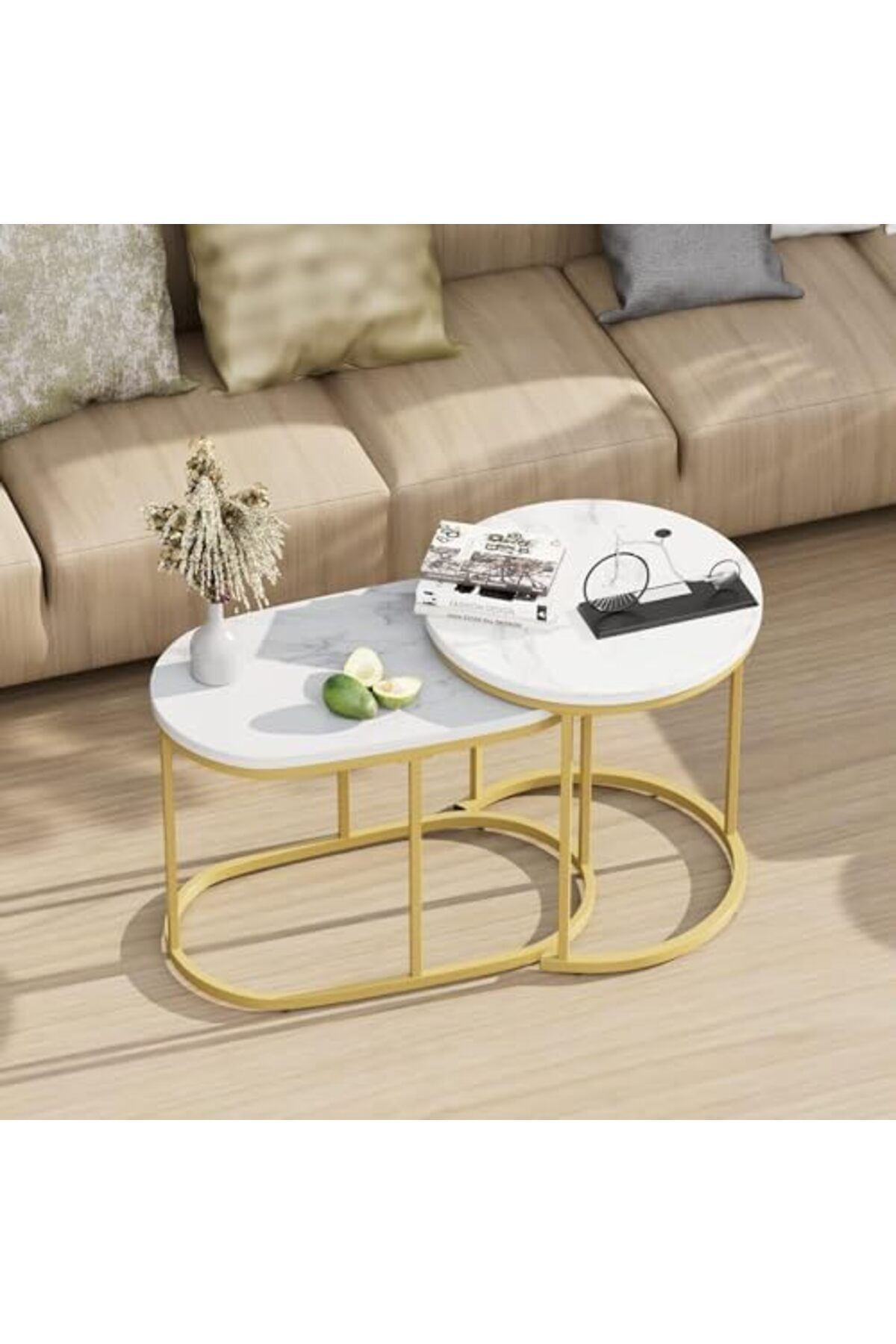 Türkiye-Huhote Round Coffee Tables, Set of 2 End Table, Nesting Tables, Oval Side Table with Metal Frame for 4
