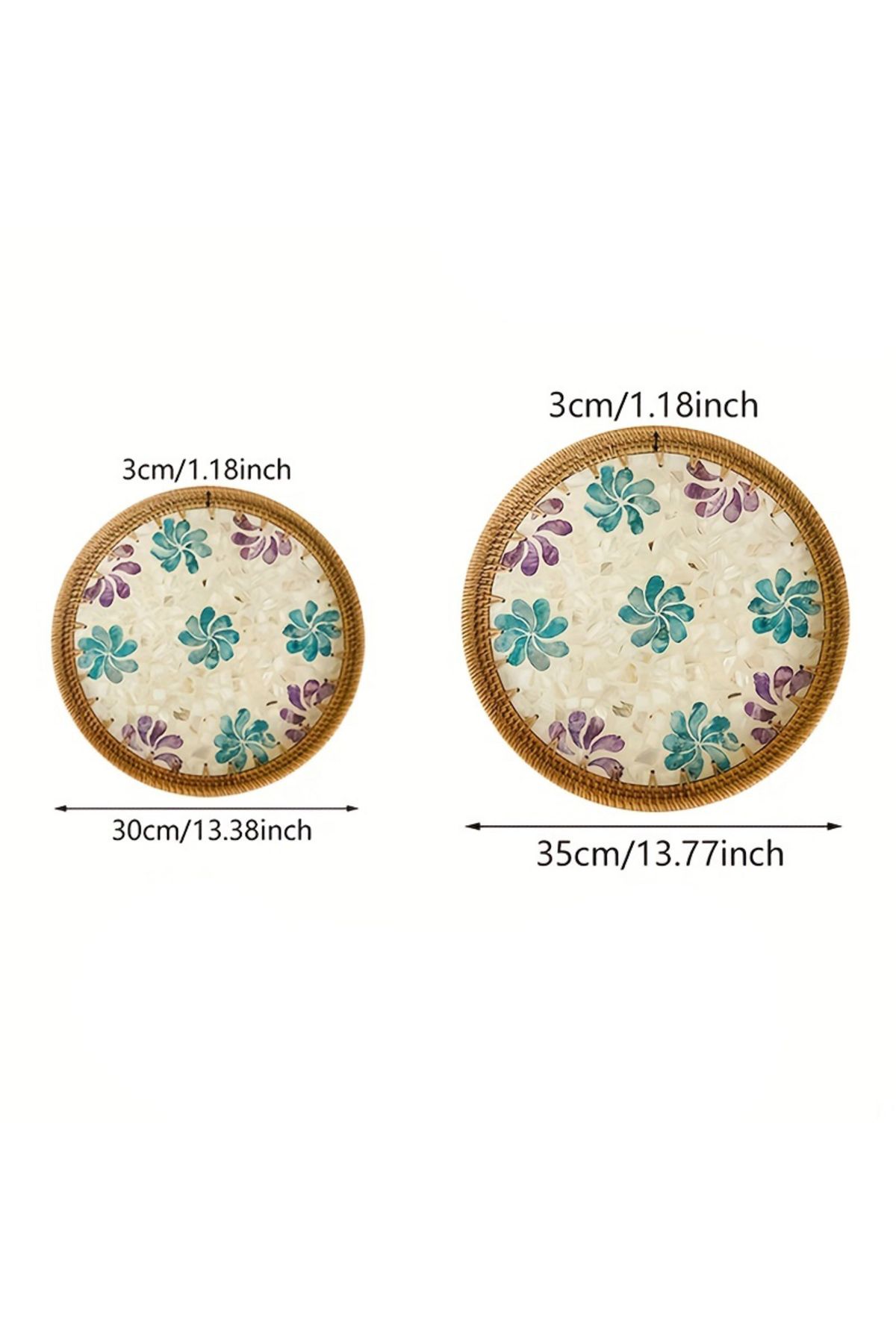 Cozy Nest-Handmade Rattan Tray Set of 2 with Mother-of-Pearl Inlay Round Boho Decorative Trays 7
