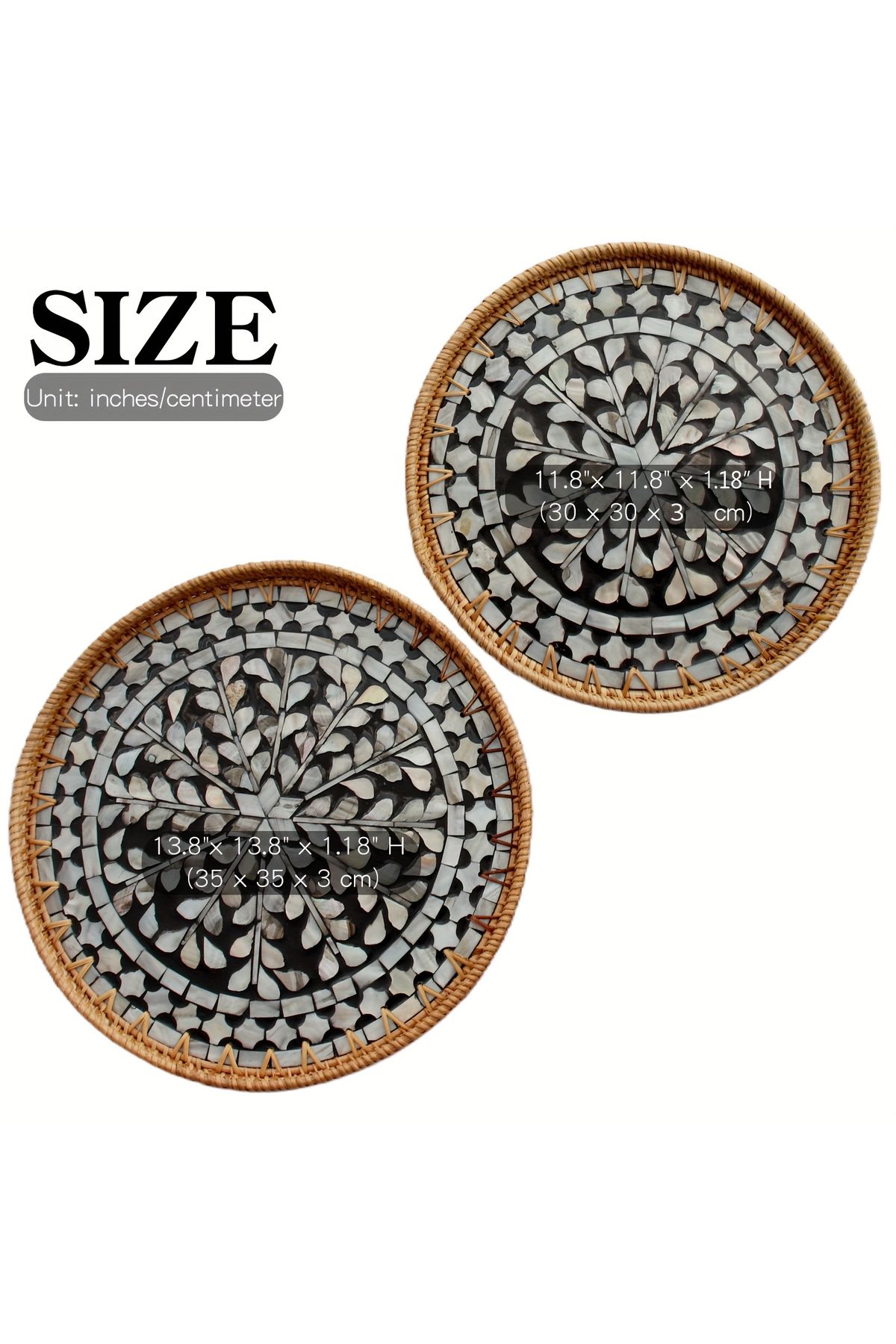 Cozy Nest-Handmade Rattan Tray Set of 2 with Mother-of-Pearl Inlay Round Boho Decorative Trays 7