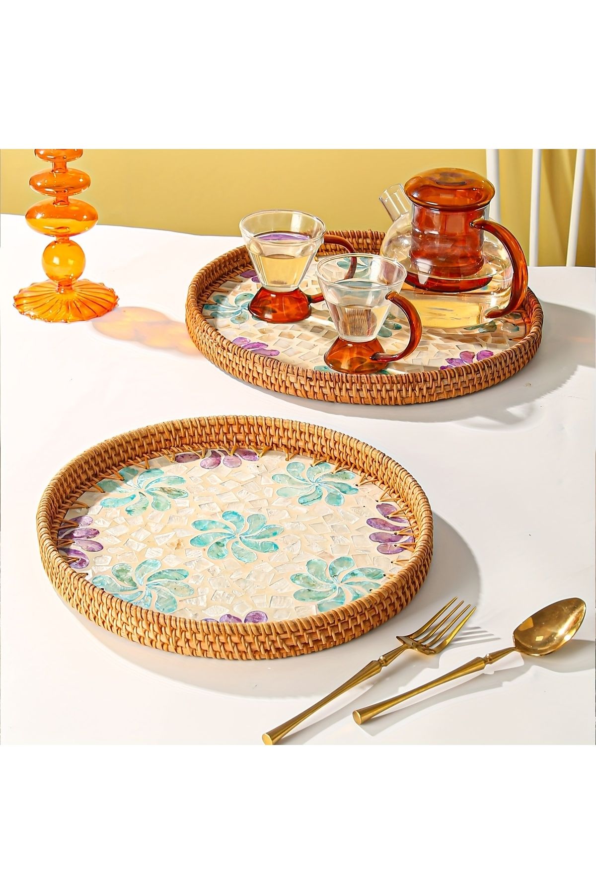 Cozy Nest-Handmade Rattan Tray Set of 2 with Mother-of-Pearl Inlay Round Boho Decorative Trays 6