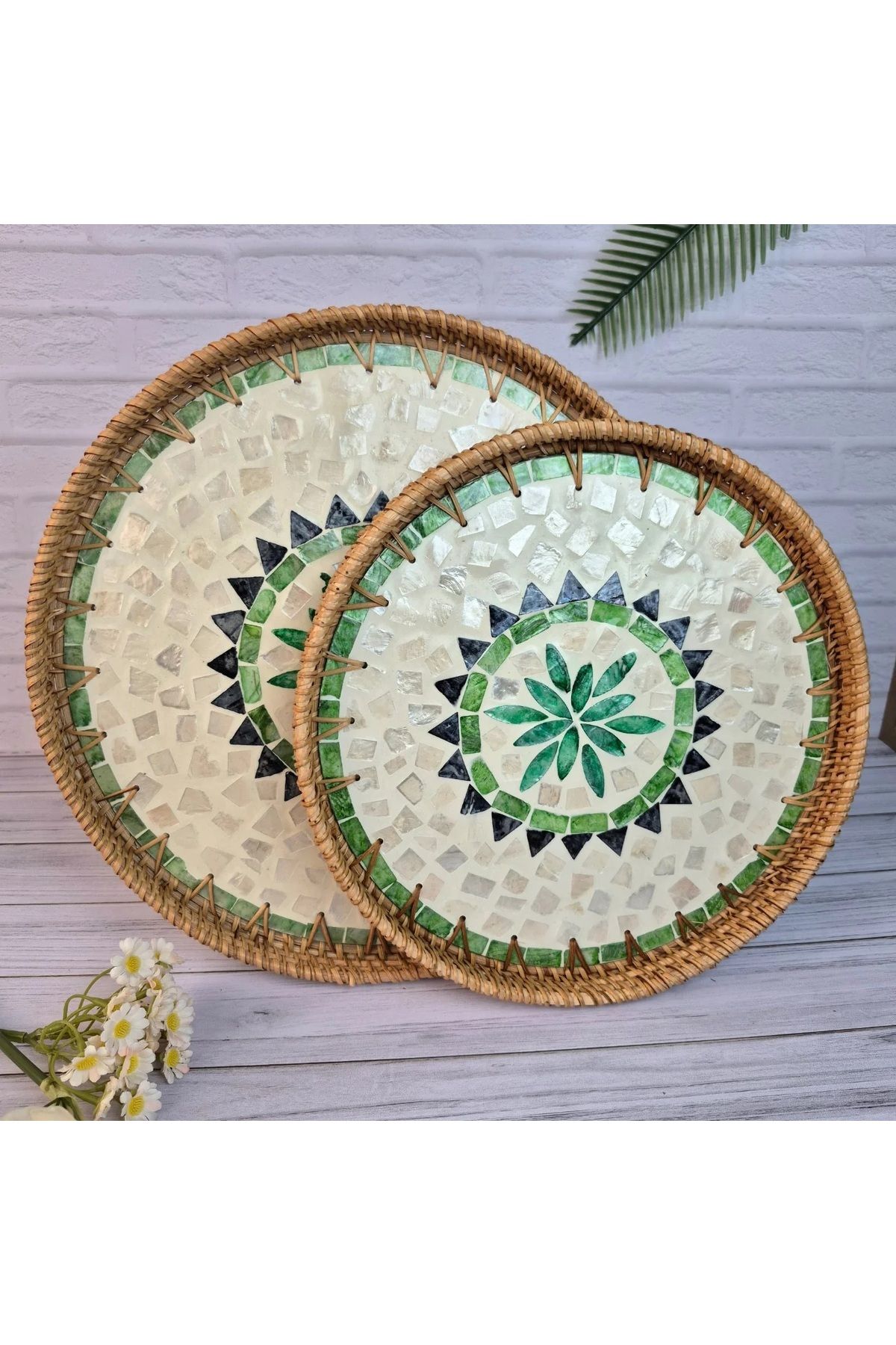 Cozy Nest-Handmade Rattan Tray Set of 2 with Mother-of-Pearl Inlay Round Boho Decorative Trays 1