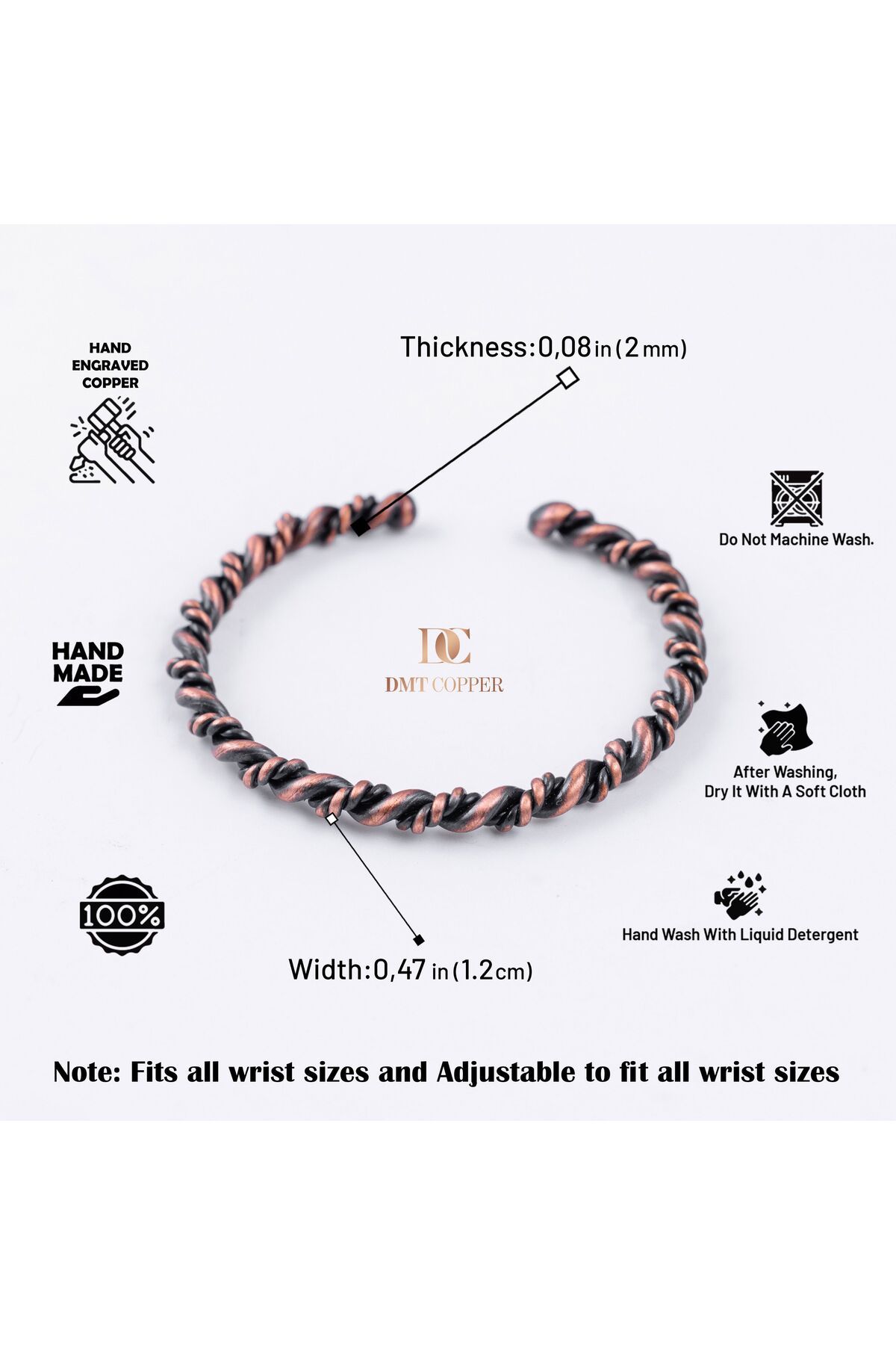 DMT COPPER HOME-100% Handmade Copper Bracelet, Natural Antibacterial Copper Bracelet, Health Friendly 2 Pcs 6