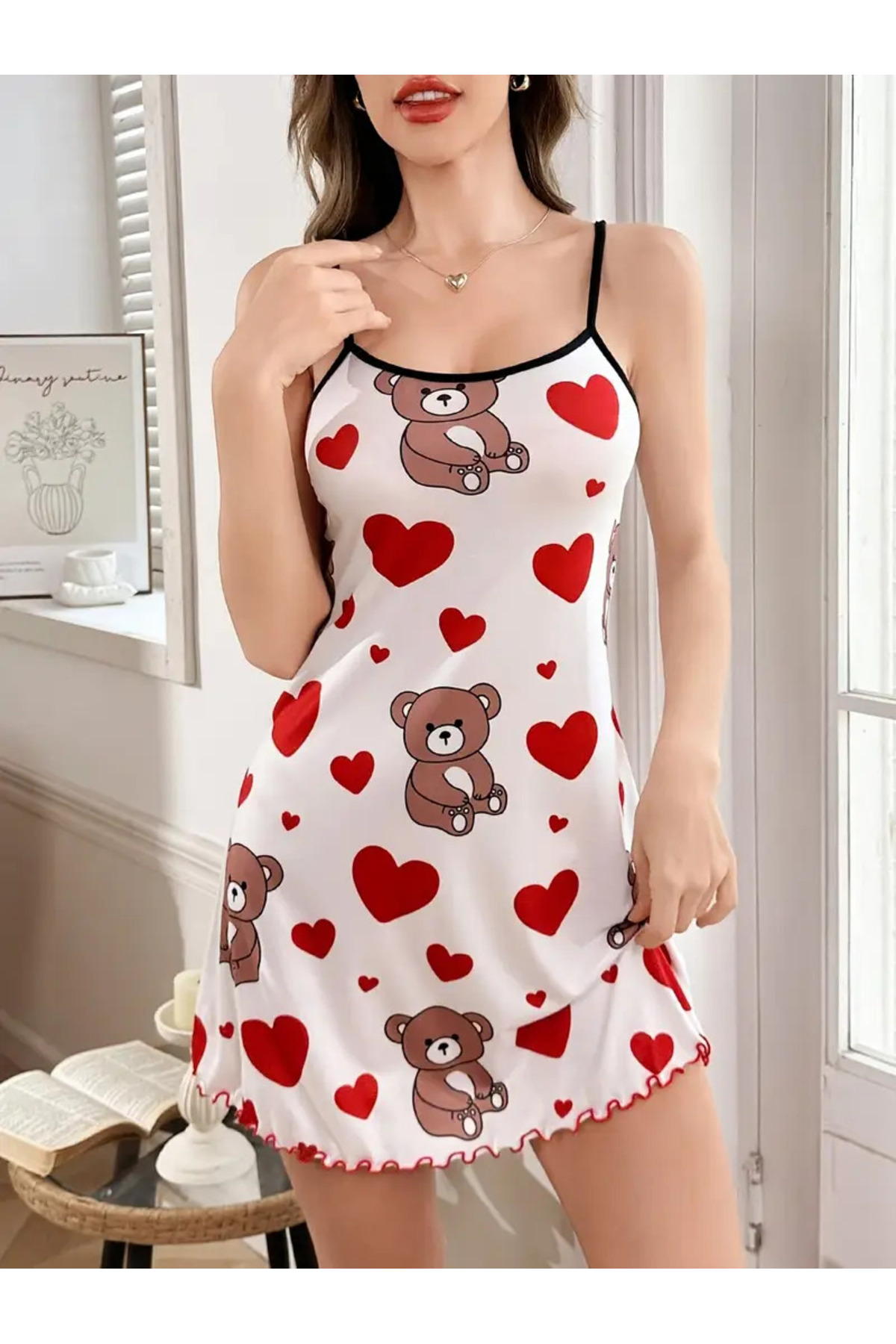 laseni underwear Kadınlar İçin Sevimli Ayıcık ve Kalp Baskılı Gecelik Laseni Undwear