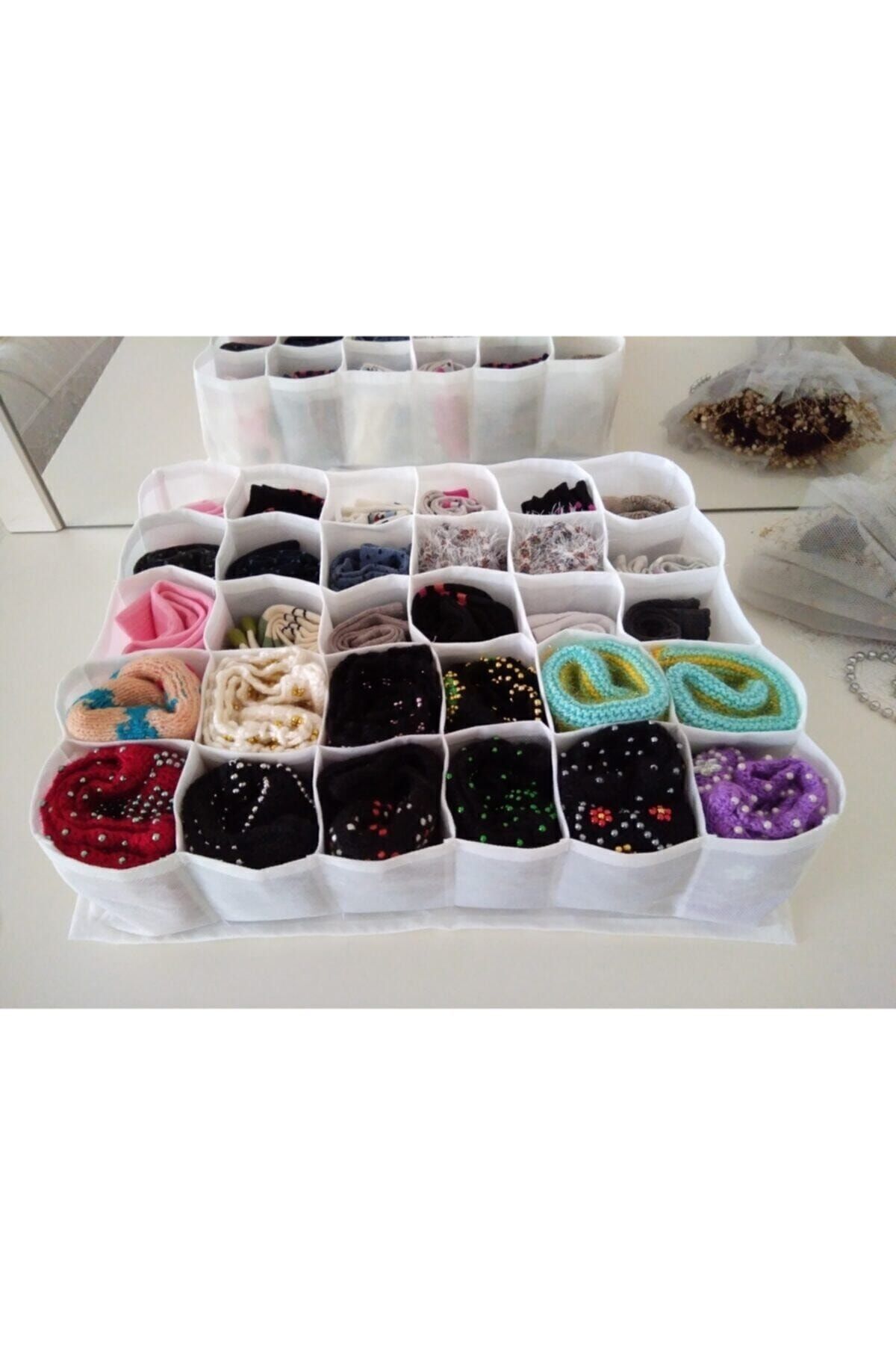 Mikasso 2 Adet 30 Gözlü Petek Organizer/düzenleyici (Çorap,iç Çamaşırı,kemer) Kumaş 60 x 40 Bej TR fotoğrafı 2 (önizleme)