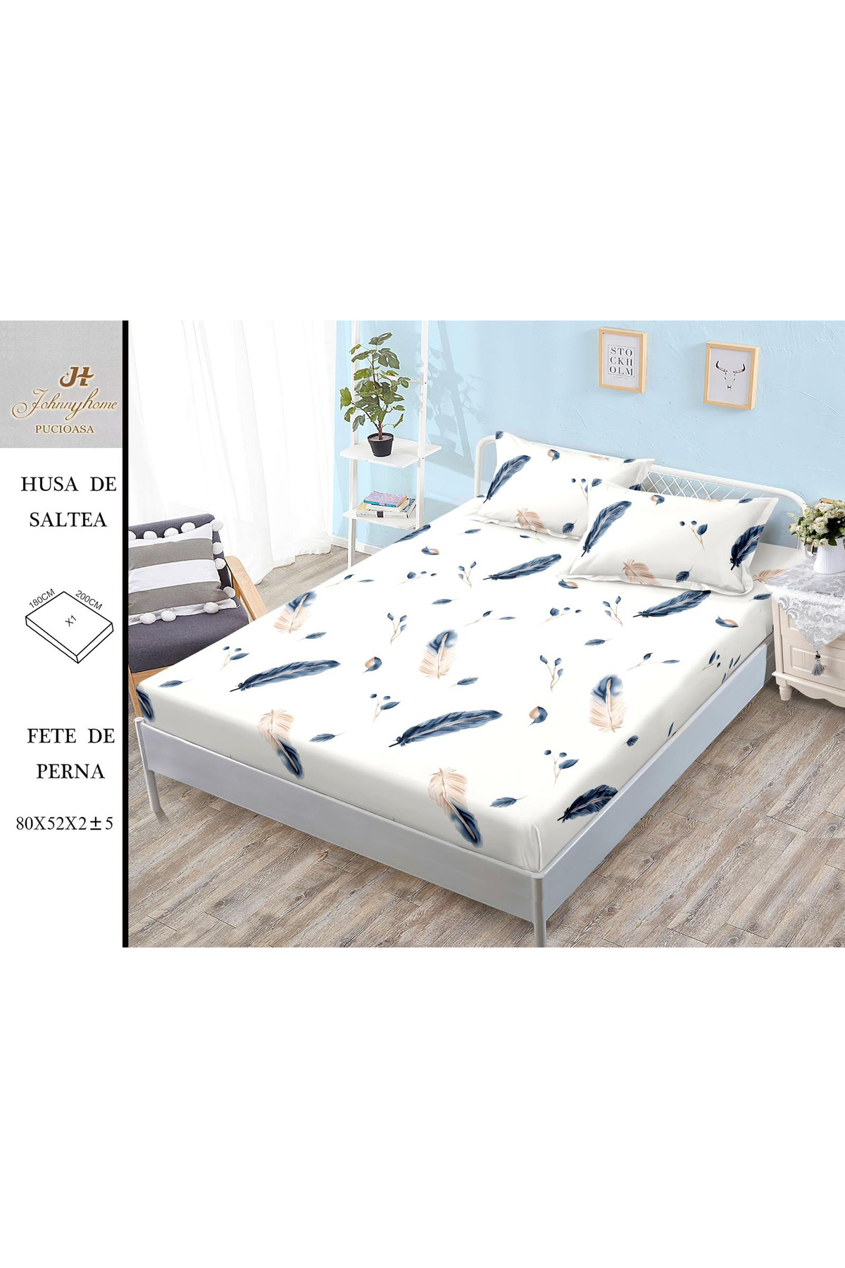 FIONNA.RO-Satin Cotton Elasticated Pillowcase 180x200cm - Blue Feathers 1