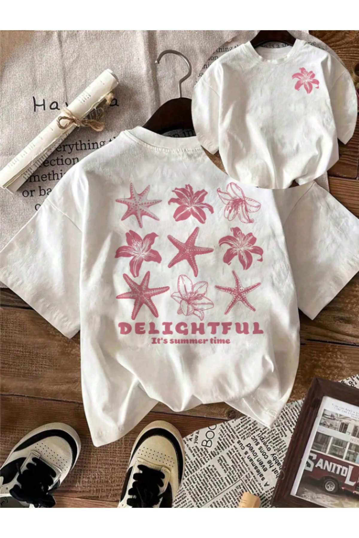 Framgan  Unisex Kadın DENİZ YILDIZI Baskılı Beyaz Pamuklu T-Shirt