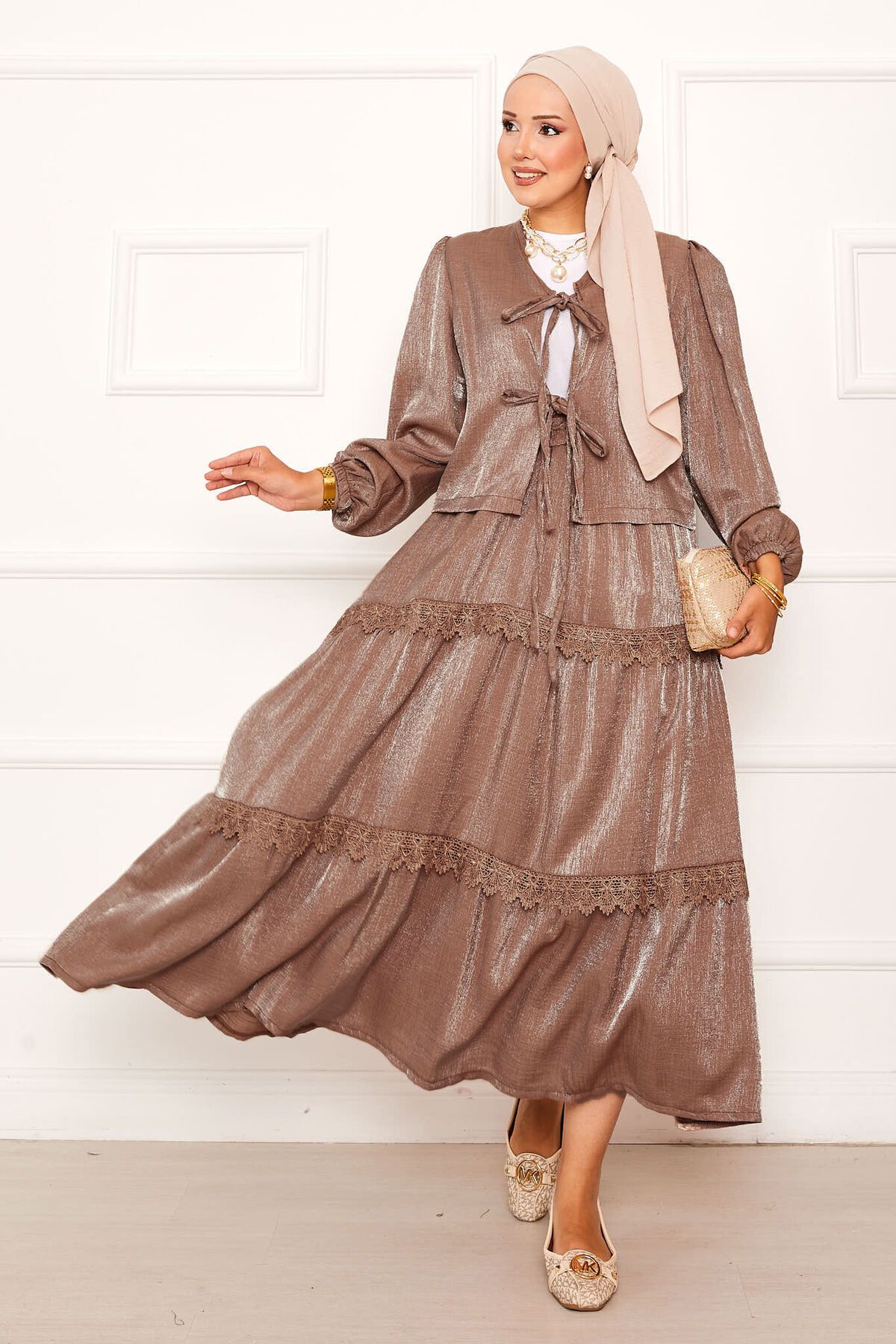 EBRUTESETTÜR-Guipure Detailed Skirted Kimono Suit 3