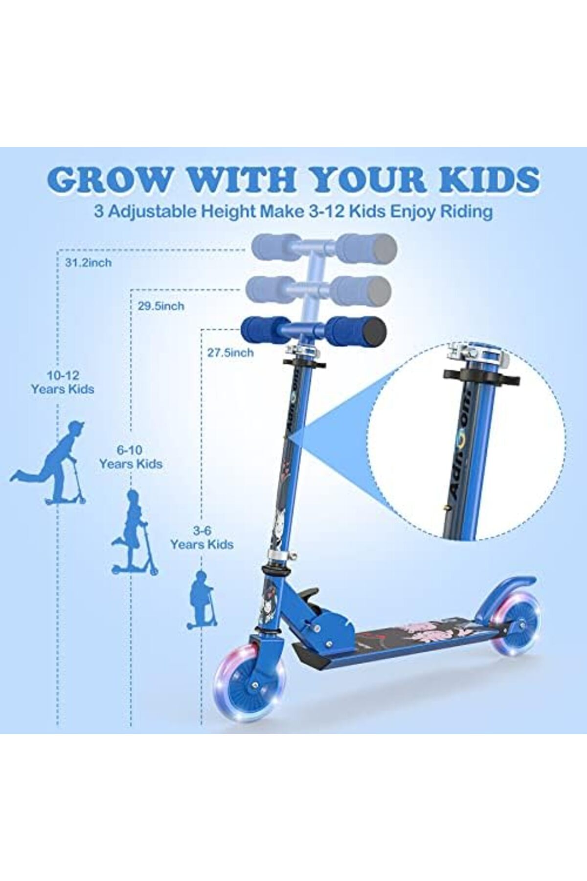 unbranded-Lightweight and Foldable Scooter for Kids with LED Wheels, Adjustable Heights, Blue Color, Suitable 4