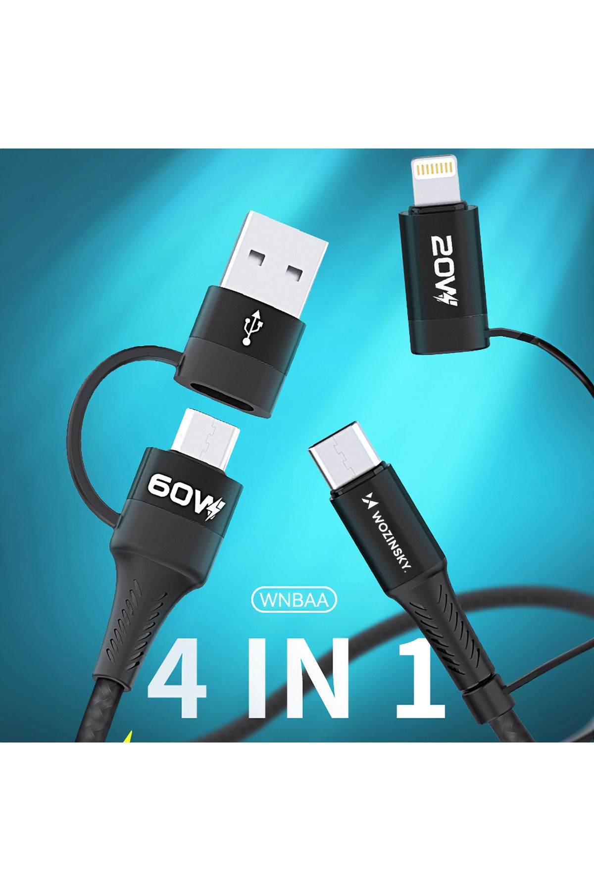 WOZINSKY-Cablu universal 4 în 1 2x USB-C 1x USB-A 1x Lightning 60W 1m Negru 5