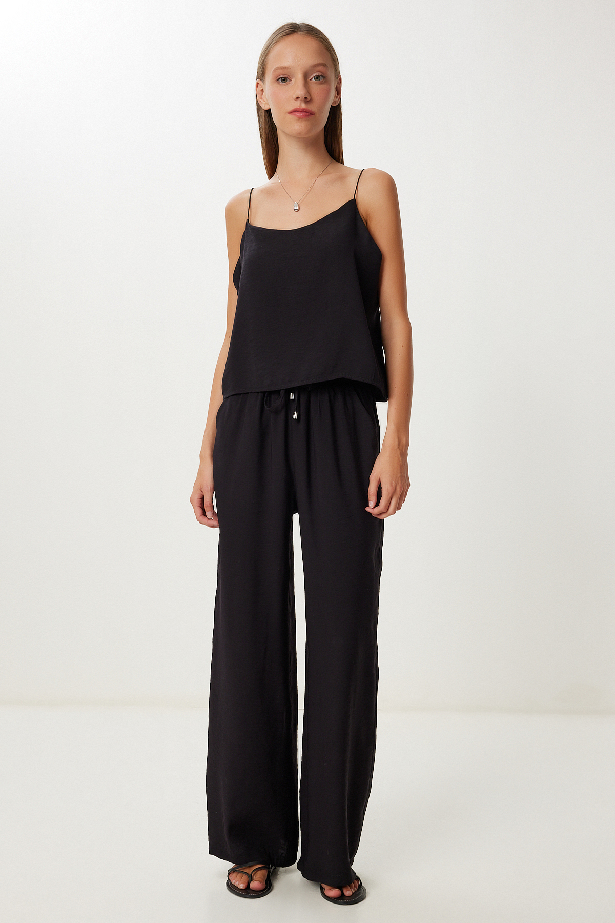 Strappy Woven Blouse Pants Set LMC0064 BLACK