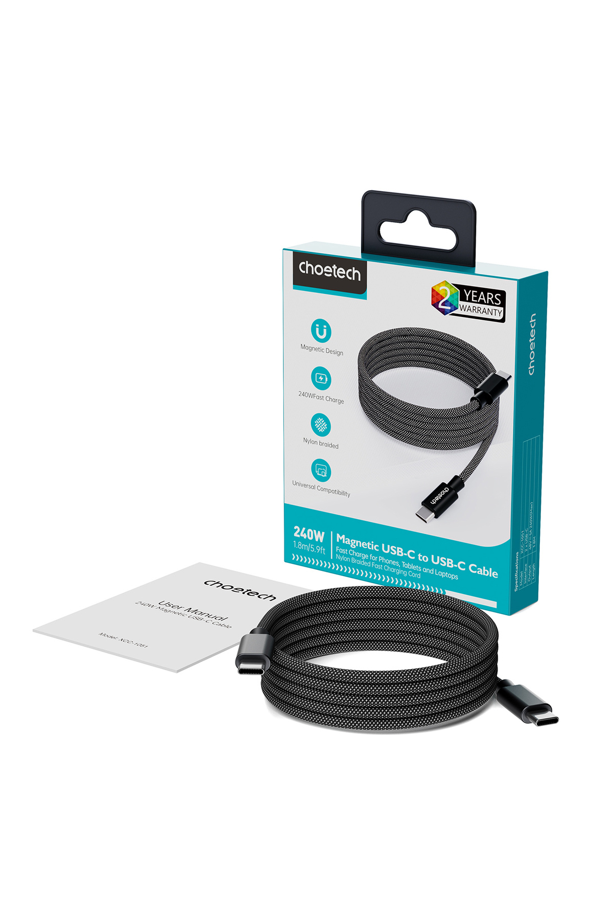 CHOETECH-Kabel przewód USB-C 100W PD z organizerem magnetycznym 1.2m - czarny 4