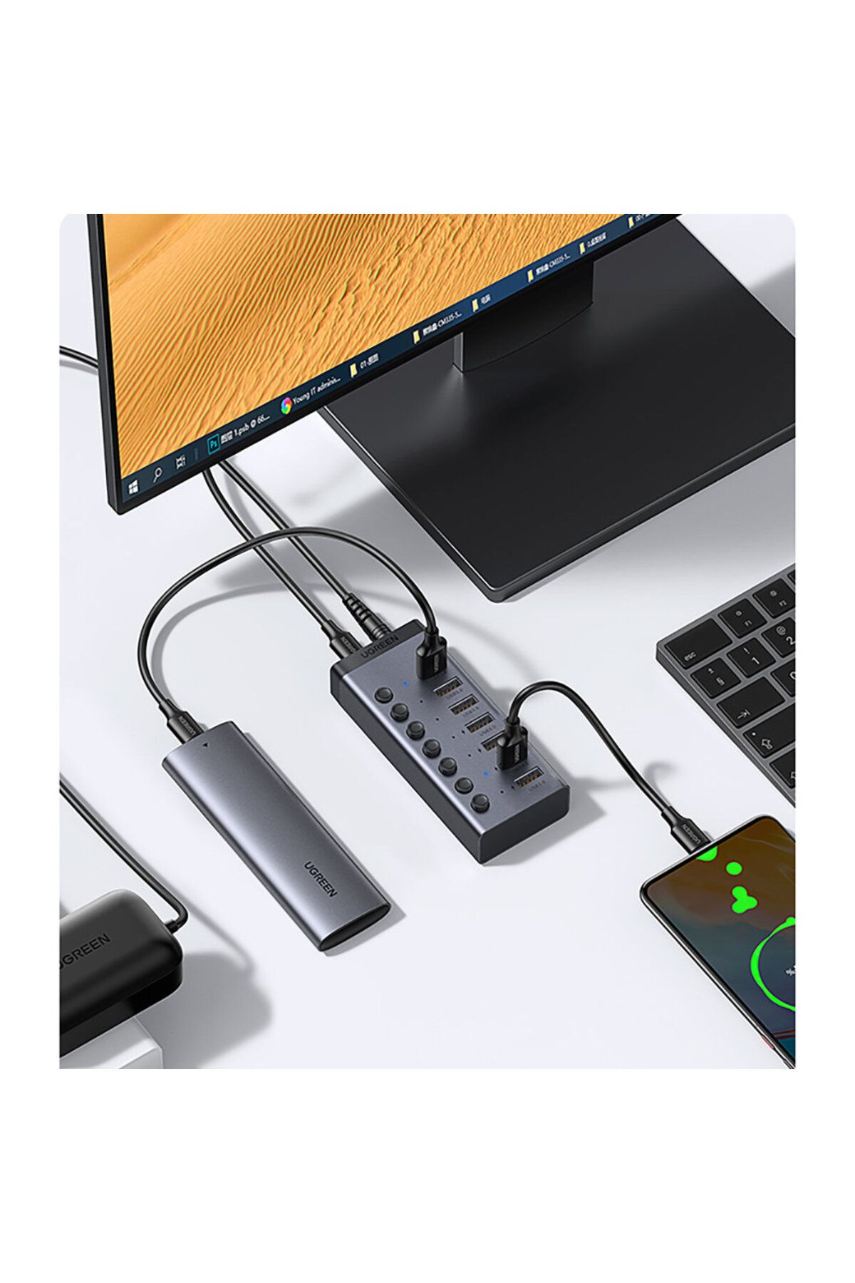 Ugreen-Splitter HUB USB-C multifuncțional 7 în 1 - 7x USB 3.0 PD DC 12V Gri 10
