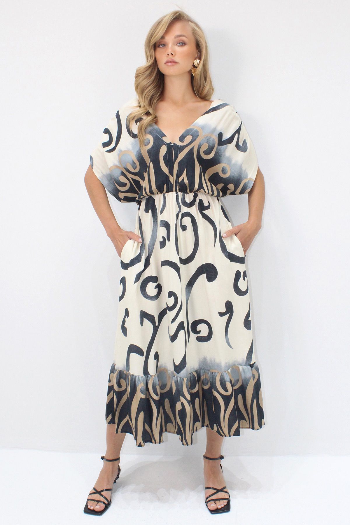 VAGGON-Rochie de vară țesută pentru femei, negru-bej, față, spate, cu decolteu în V, cu model, cu volan Prmx14199 4