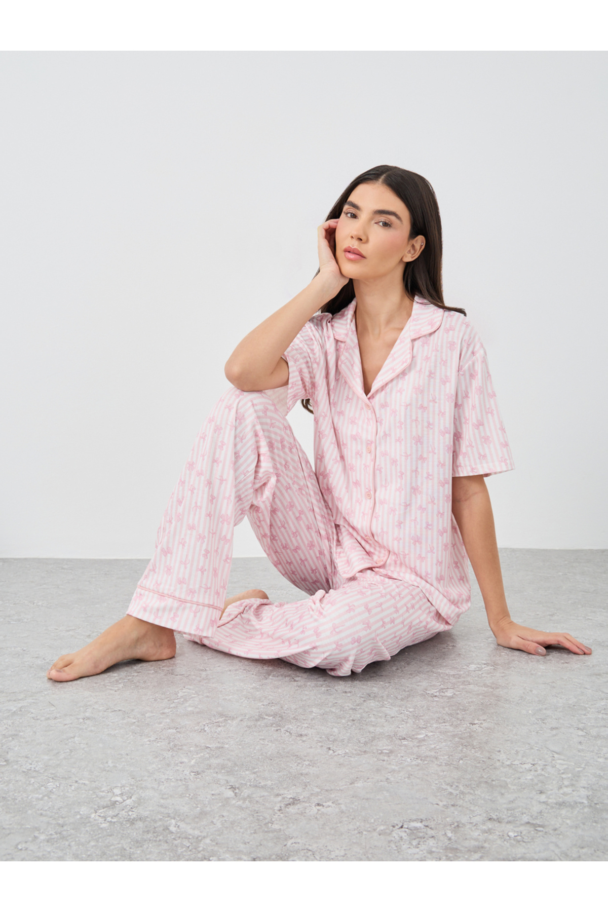 Styli Women Pink Stripe and Bow Print Piped Shirt and Pyjama Set