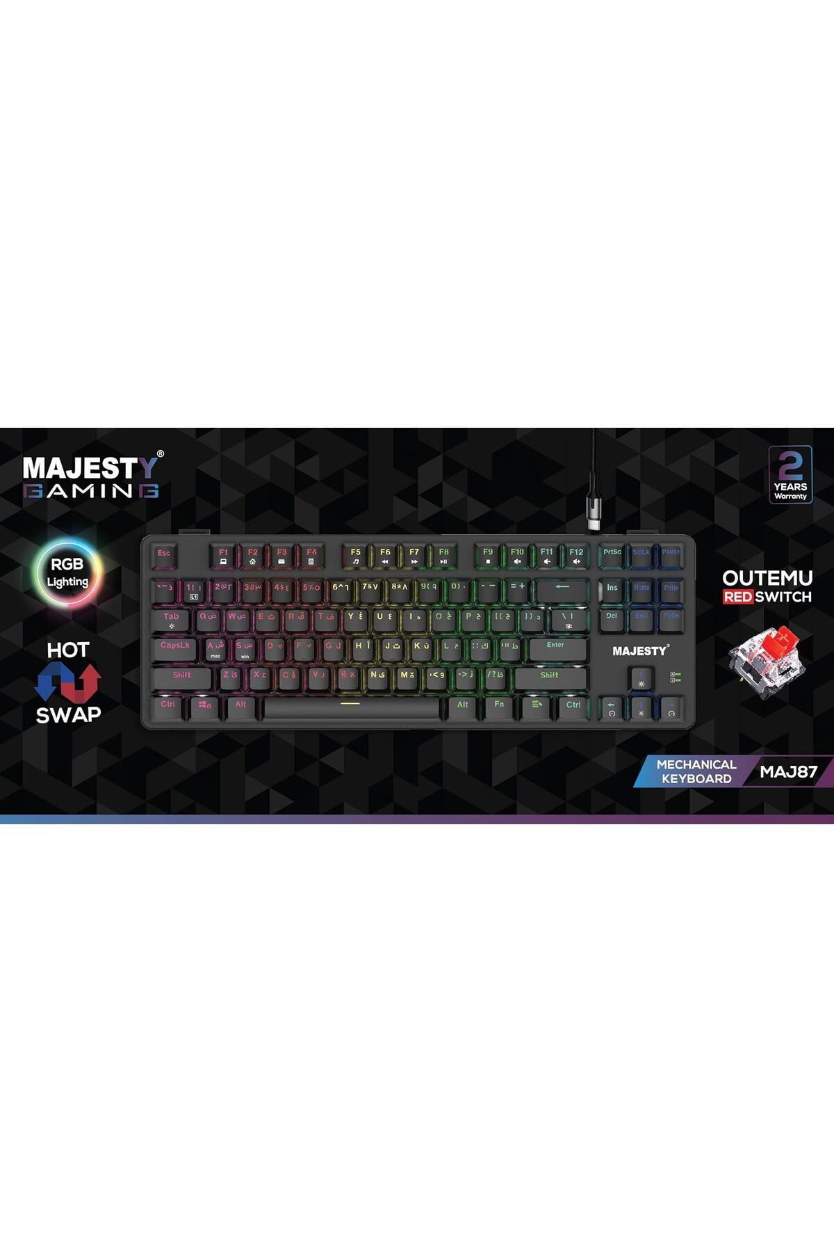 majesty-لوحة مفاتيح ألعاب ميكانيكية بـ 87 مفتاحًا، RGB، TKL، مفتاح Outemu أحمر، إضاءة باللغتين الإنجليزية والعربية 5