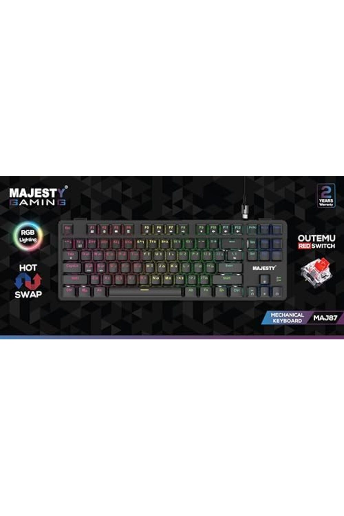 majesty-لوحة مفاتيح ألعاب ميكانيكية بـ 87 مفتاحًا، RGB، TKL، مفتاح Outemu أحمر، إضاءة باللغتين الإنجليزية والعربية 6