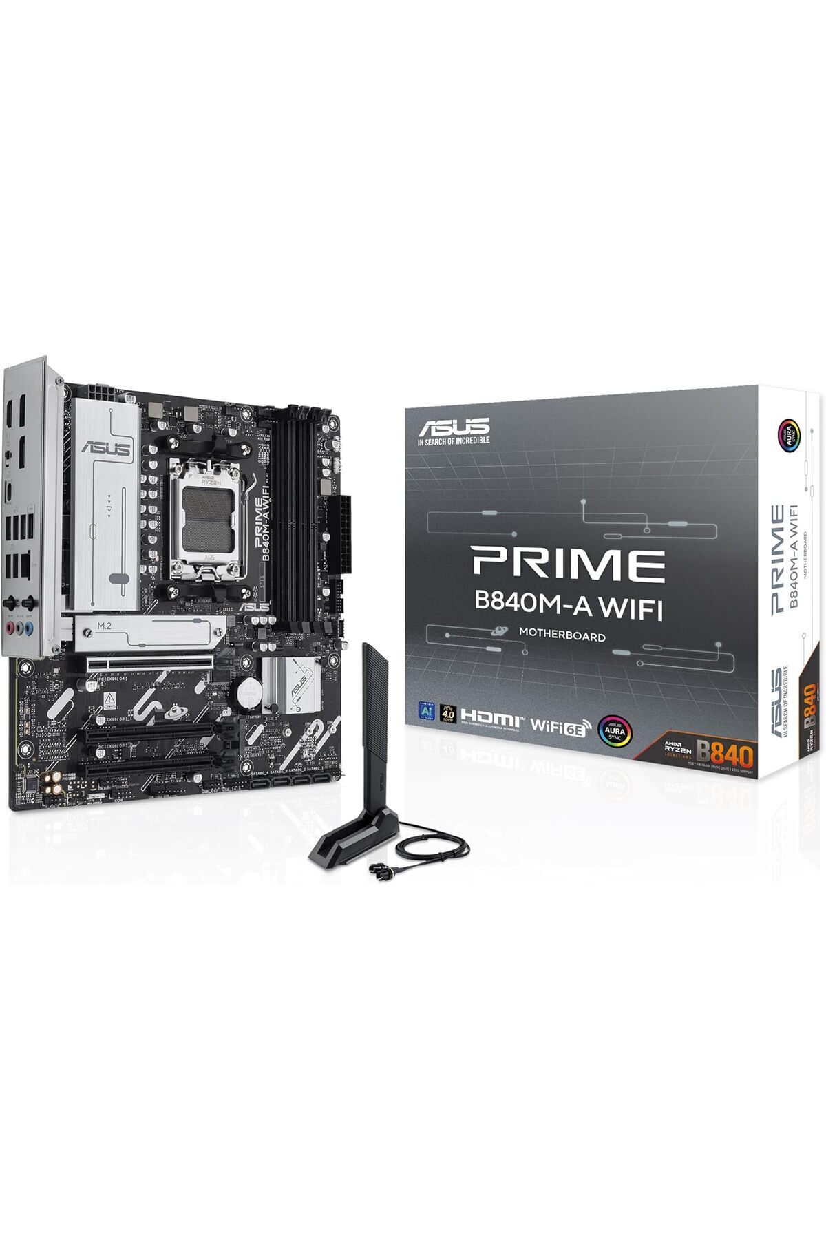 ASUS-Prime B840M-A Wi-Fi AMD AM5 (AMD B840, mATX, DDR5 Memory, 3X M.2, PCIe 4.0, Wi-Fi 6E, Aura Sync 1