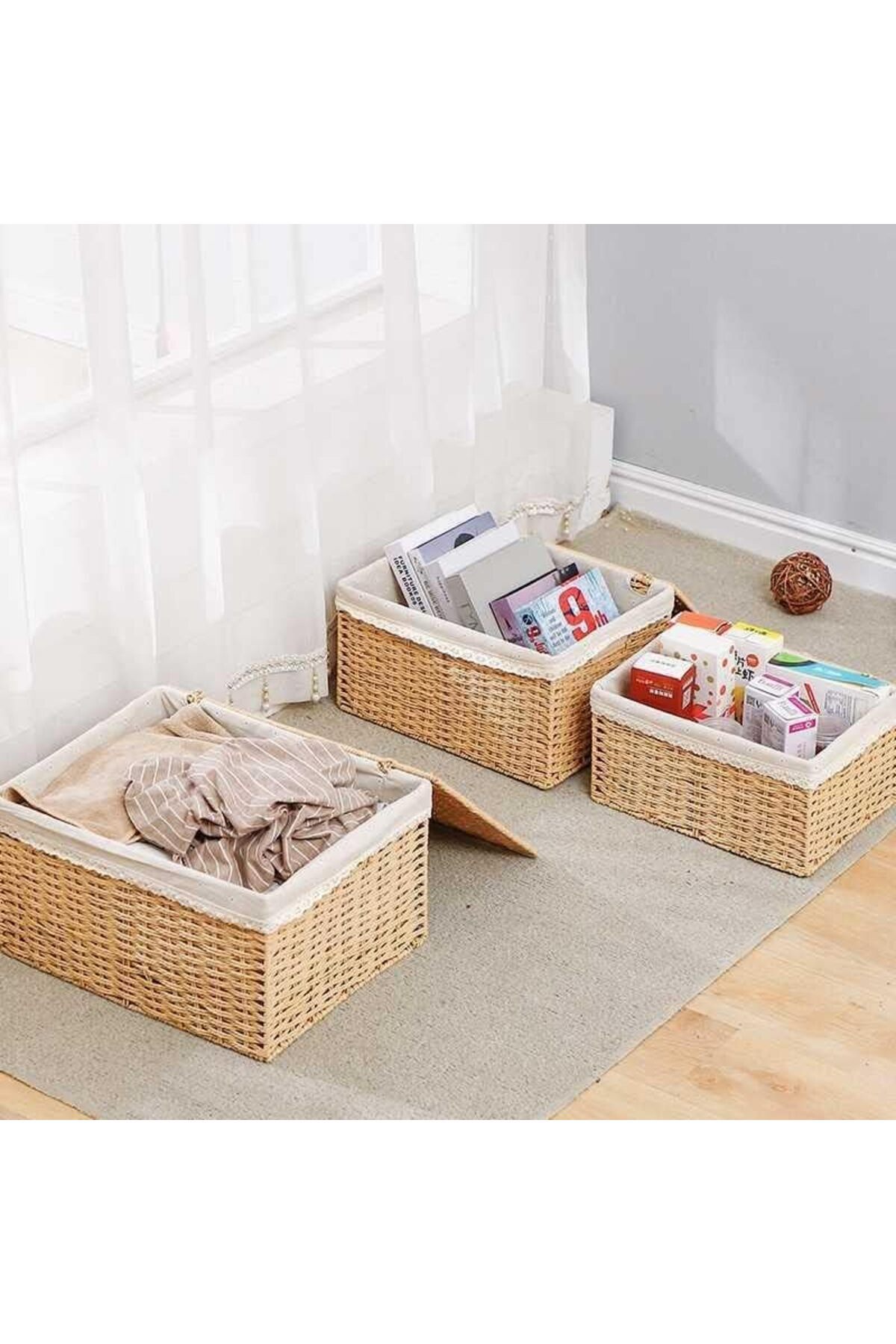 genric-FFD Rattan Wicker Storage Boxes with Lid Hand Woven Storage Boxes 3-Pieces Set Nesting Basket 7