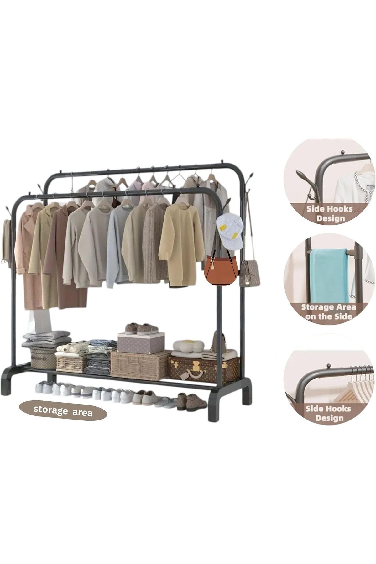 Türkiye-Double-Rail Clothes Rack with 2 Hooks & Lower Storage Shelf, Adjustable Garment Rack 5