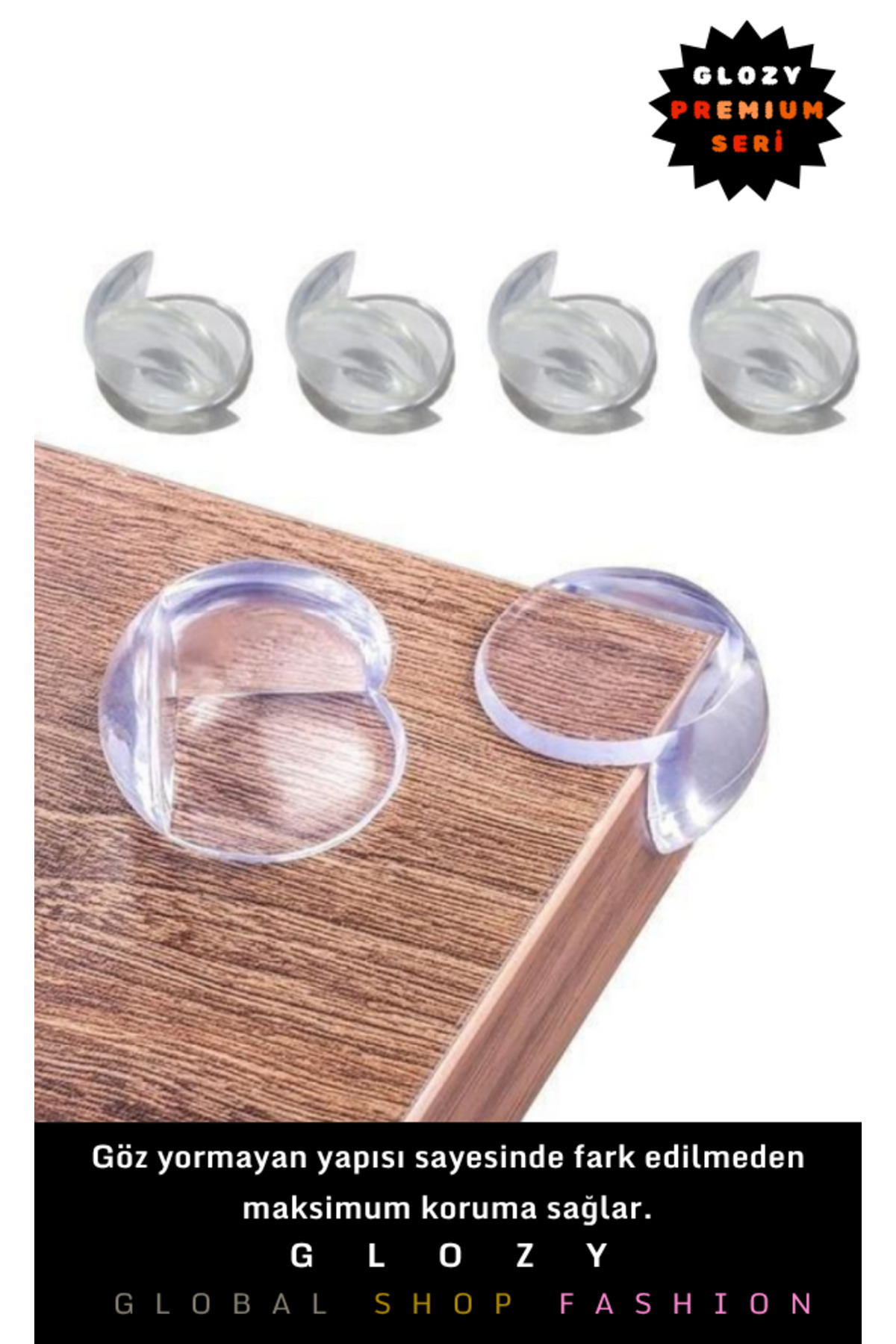 GLOZY Premium Seri Çocuk Güvenliği İçin Mobilyalara Uyumlu Şeffaf Yapışkanlı Silikon Köşe Koruyucu Set fotoğrafı 3 (önizleme)