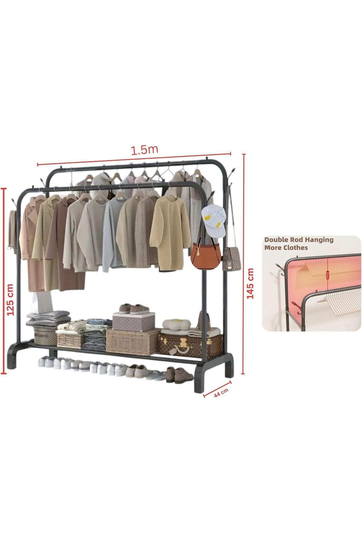 Türkiye-Double-Rail Clothes Rack with 2 Hooks & Lower Storage Shelf, Adjustable Garment Rack 3