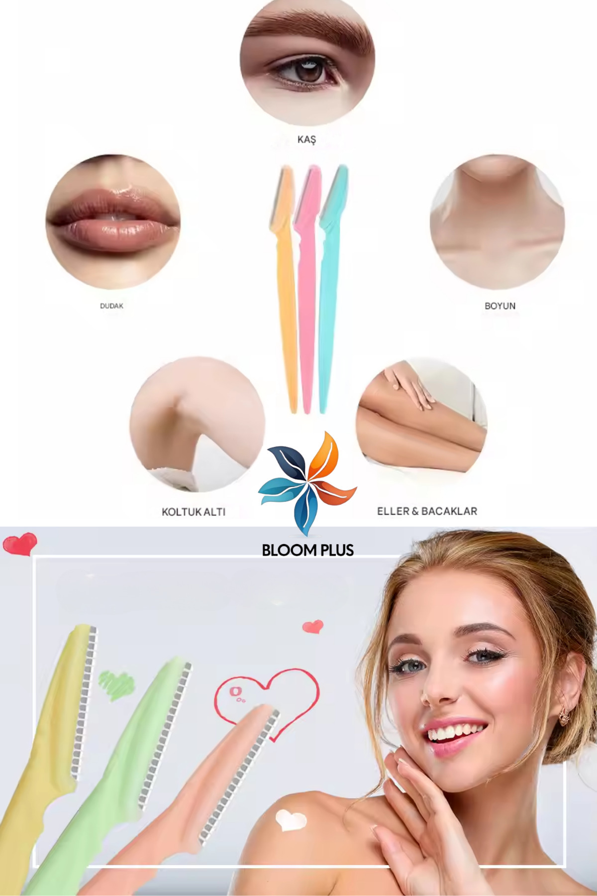 bloomplus bp287 Tırtıklı 3'lü Kaş-Bıyık-Vücut Usturası Kadın%Erkek Traş Jileti Bakım Epilasyon Seti