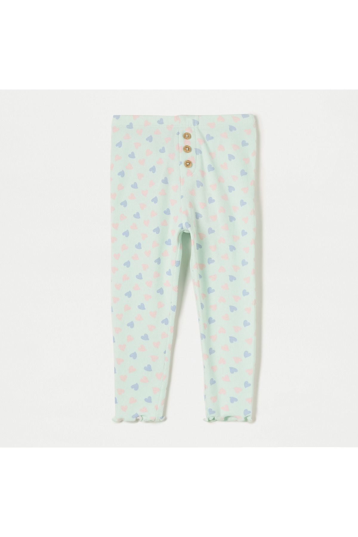 Juniors-All-Over Heart Print Leggings with Lettuce Hem and Button Accent 1