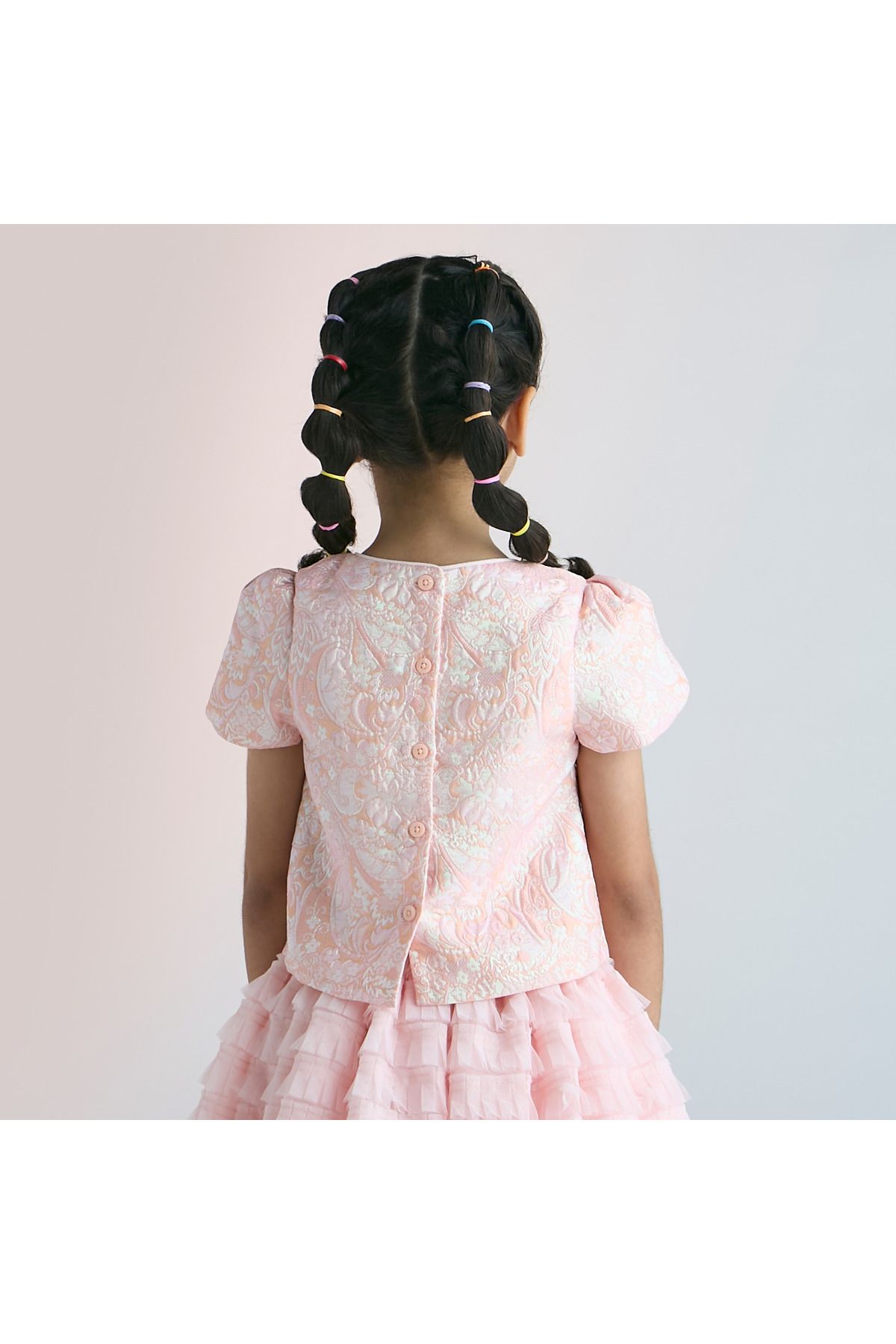 Juniors-Textured Round Neck Top with Puff Sleeves and Button Closure 3