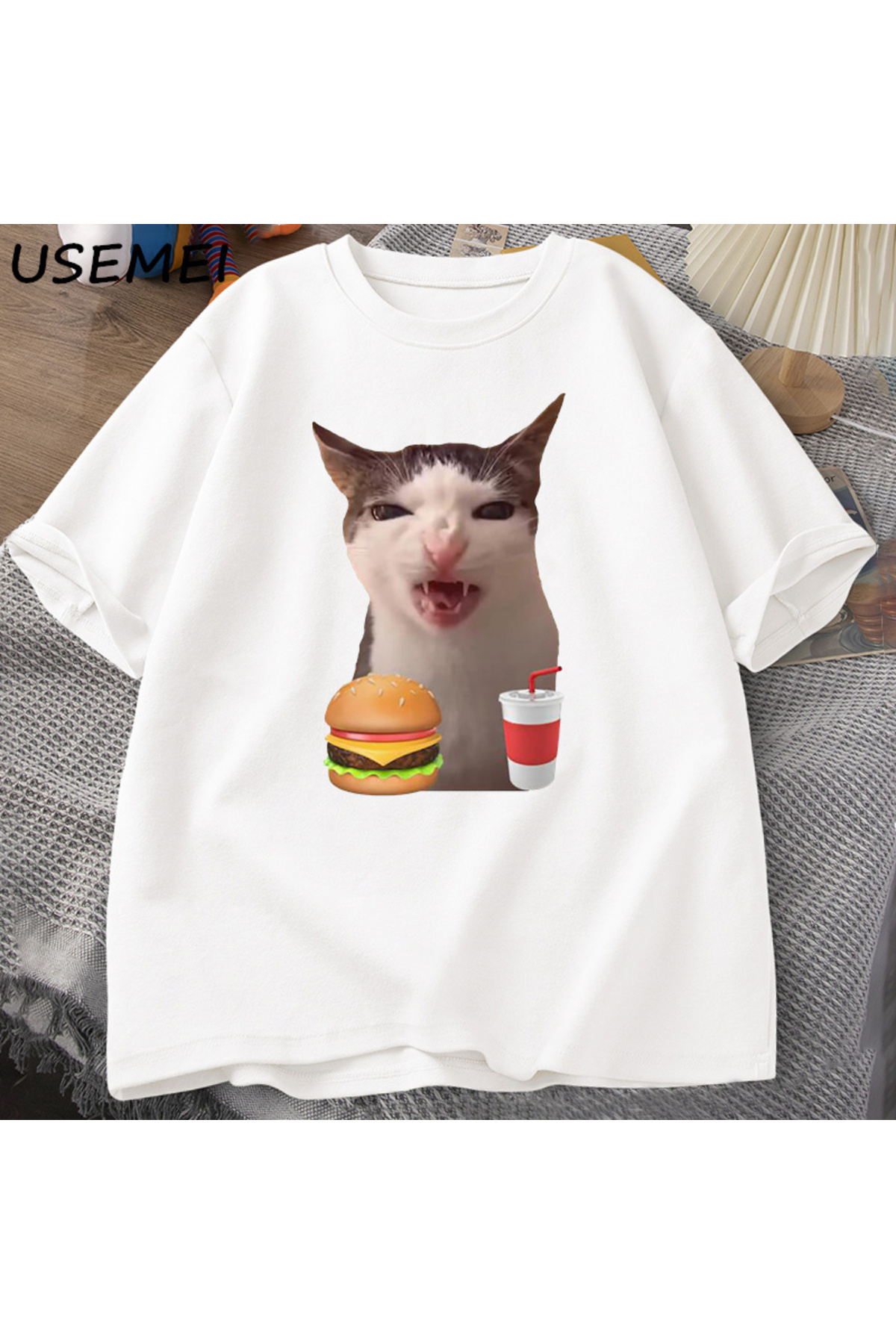 Cat Crispy Food Nipple T-shirt Women Men Stupid T Shirt Funny Cat Eating T-Shirt Cotton Short Sleeve 2848