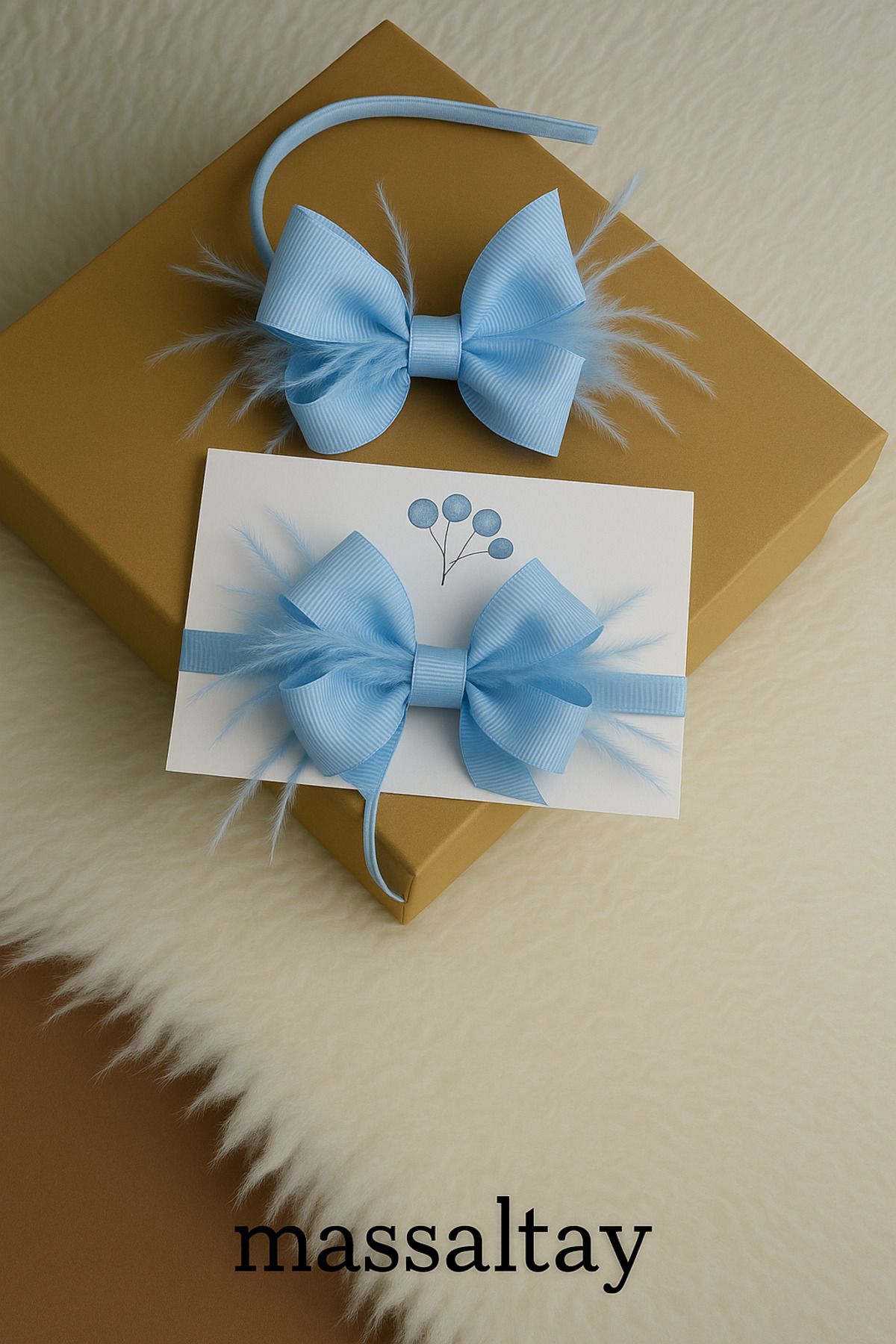 Massaltay Mavi Tüylü Anne Lohusa Tacı ve Bebek Bandanası – Hastane Çıkışı ve Fotoğraf Çekimi İçin fotoğrafı 3 (önizleme)