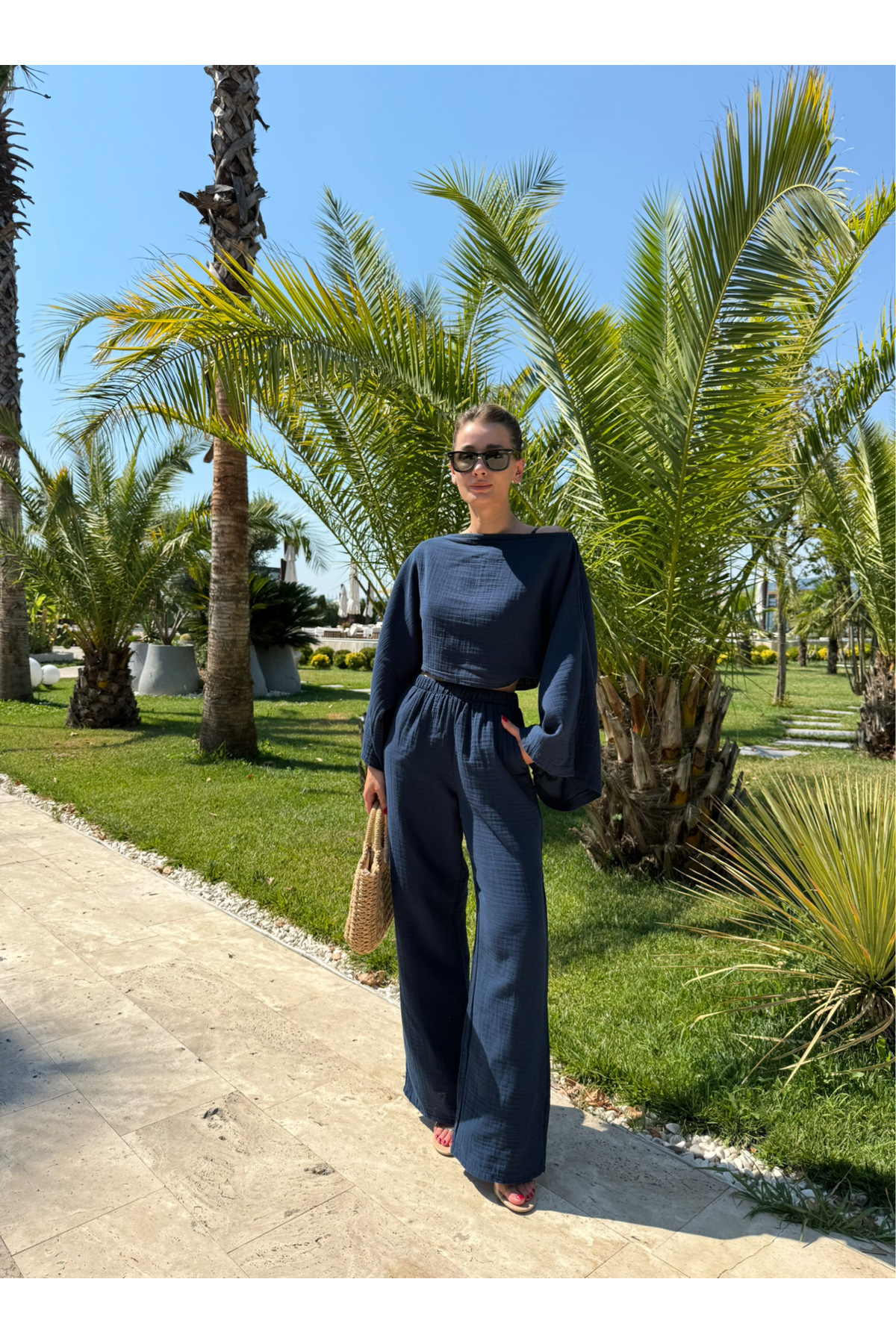 NET OF NOT Gloria Lacivert Müslin Kumaş Bluz Pantolon Takım