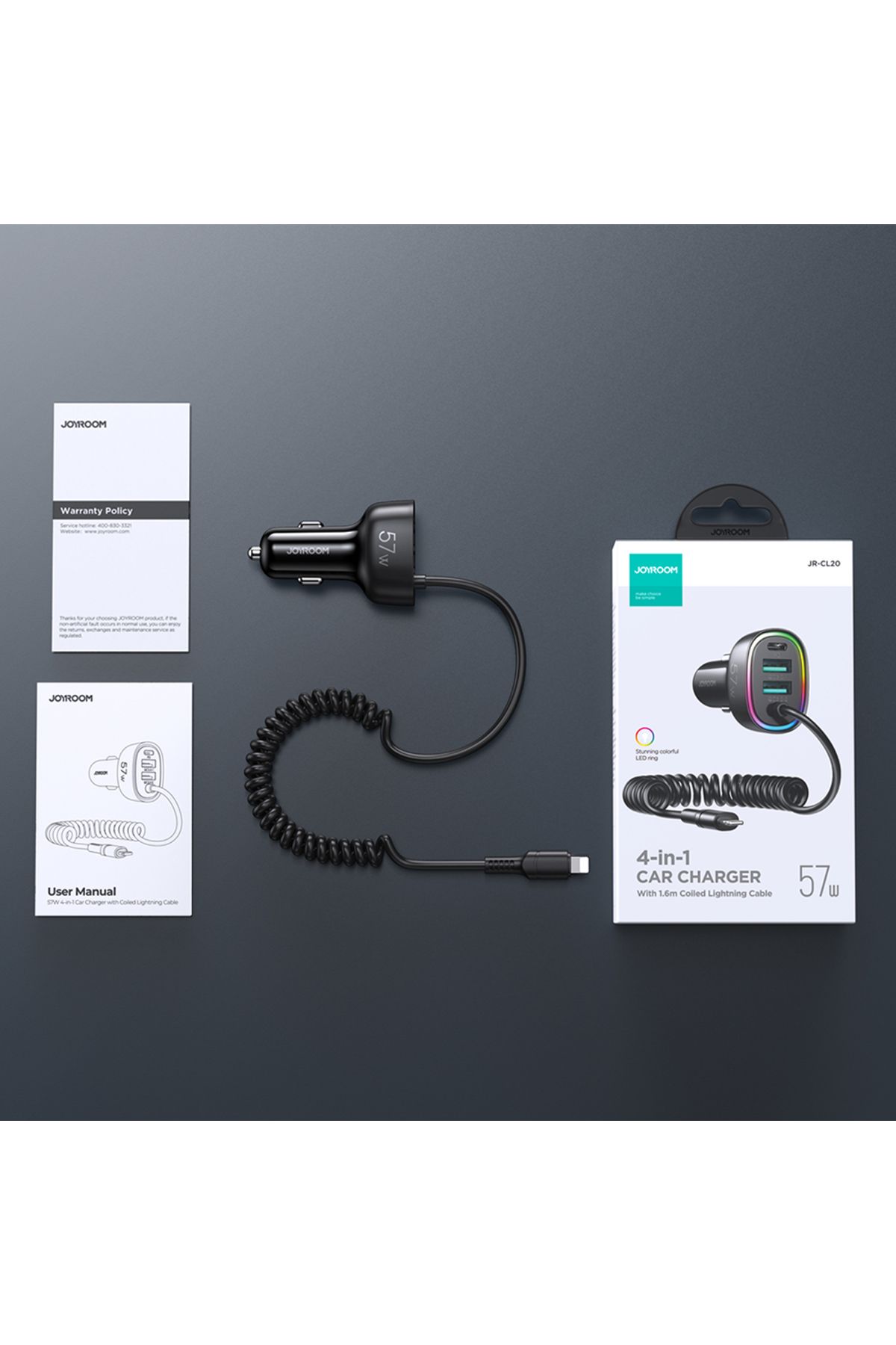 Joyroom-Încărcător auto rapid 4 în 1 USB-C PD 2x USB QC3 cu cablu Lightning 1,6 m 57 W negru 9