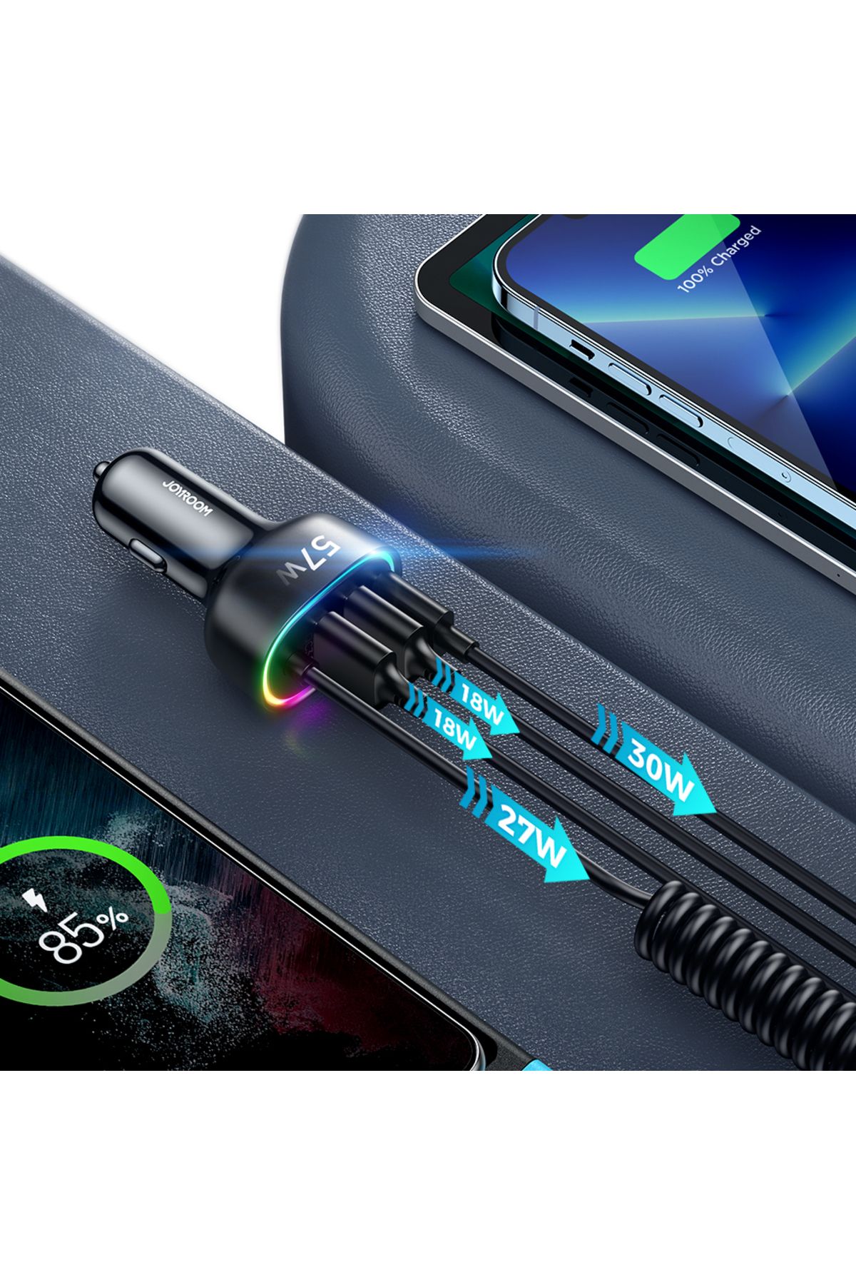 Joyroom-Încărcător auto rapid 4 în 1 USB-C PD 2x USB QC3 cu cablu Lightning 1,6 m 57 W negru 3