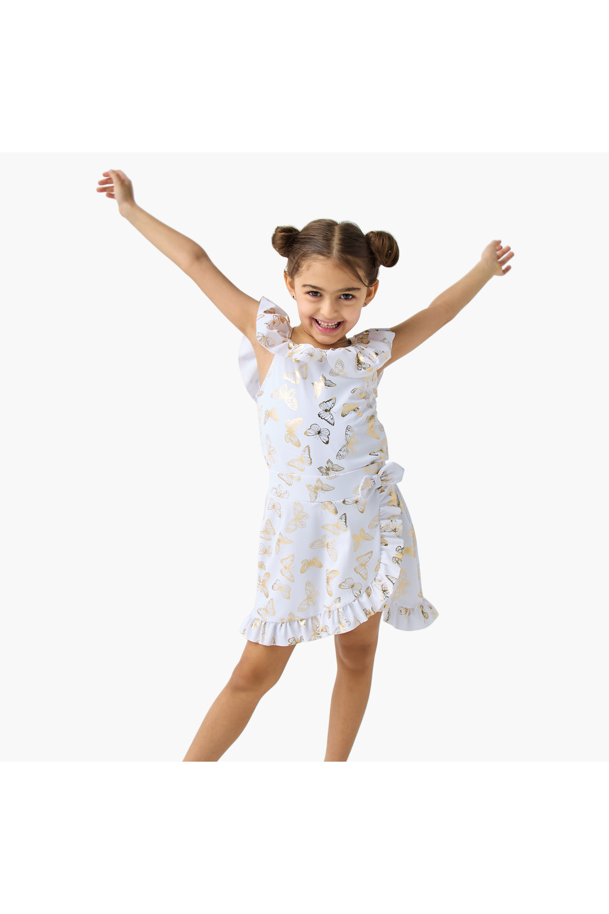 Juniors Butterfly Print Sleeveless Swimsuit with Ruffle Detail