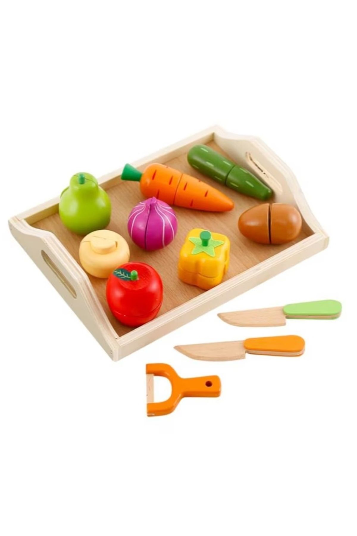 divendi-ro Set De Joacă Cu Tavă Pentru Tăiat Legume Și Fructe, Cu 12 Piese Din Lemn, Multicolor - One Size