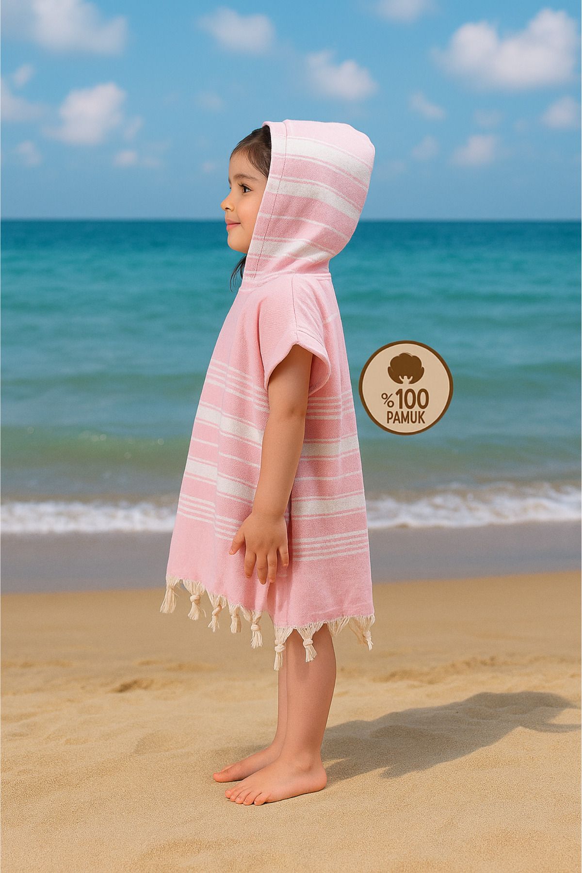 Formeya-Kinder-Bademantel, Poncho, 100 % Baumwolle, Strandtuch, Pestemal, Rosa 1