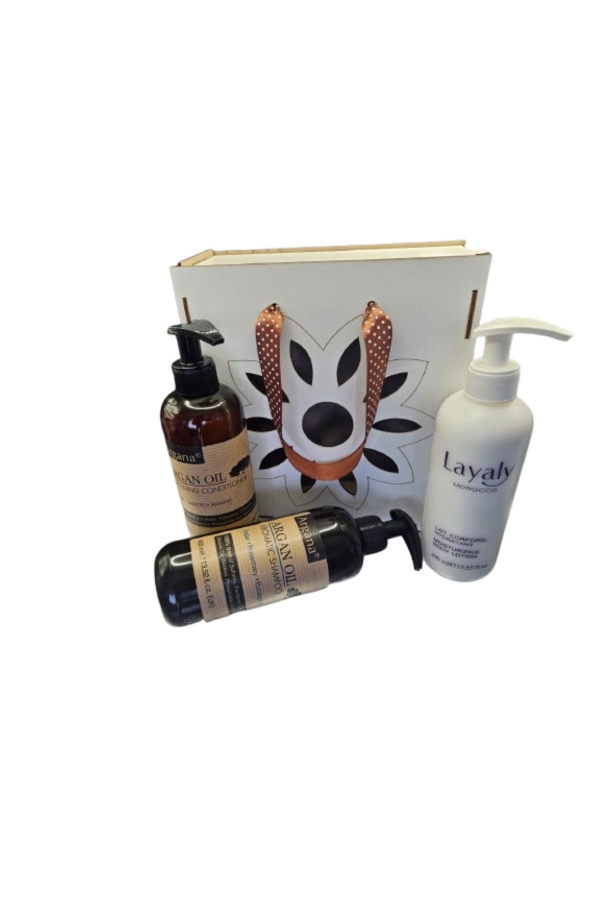 AZBANE -CASABLANCA - MAROC-Set cutie lemn Sampon Argana 400 ml, Lotiune de corp Layaly 400 ml, Balsam pentru par Argana 400 ml 2