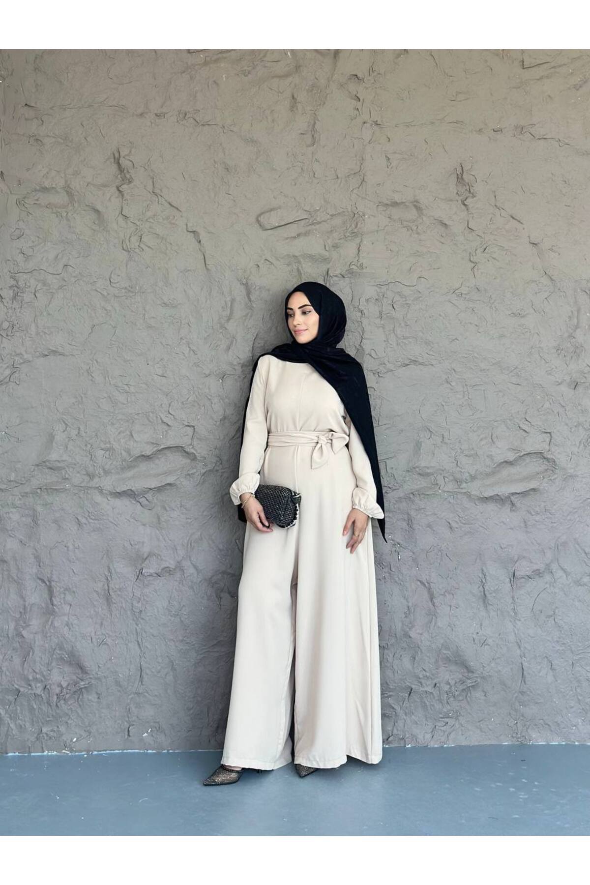 She Olive Kuşaklı tesettür tulum krem