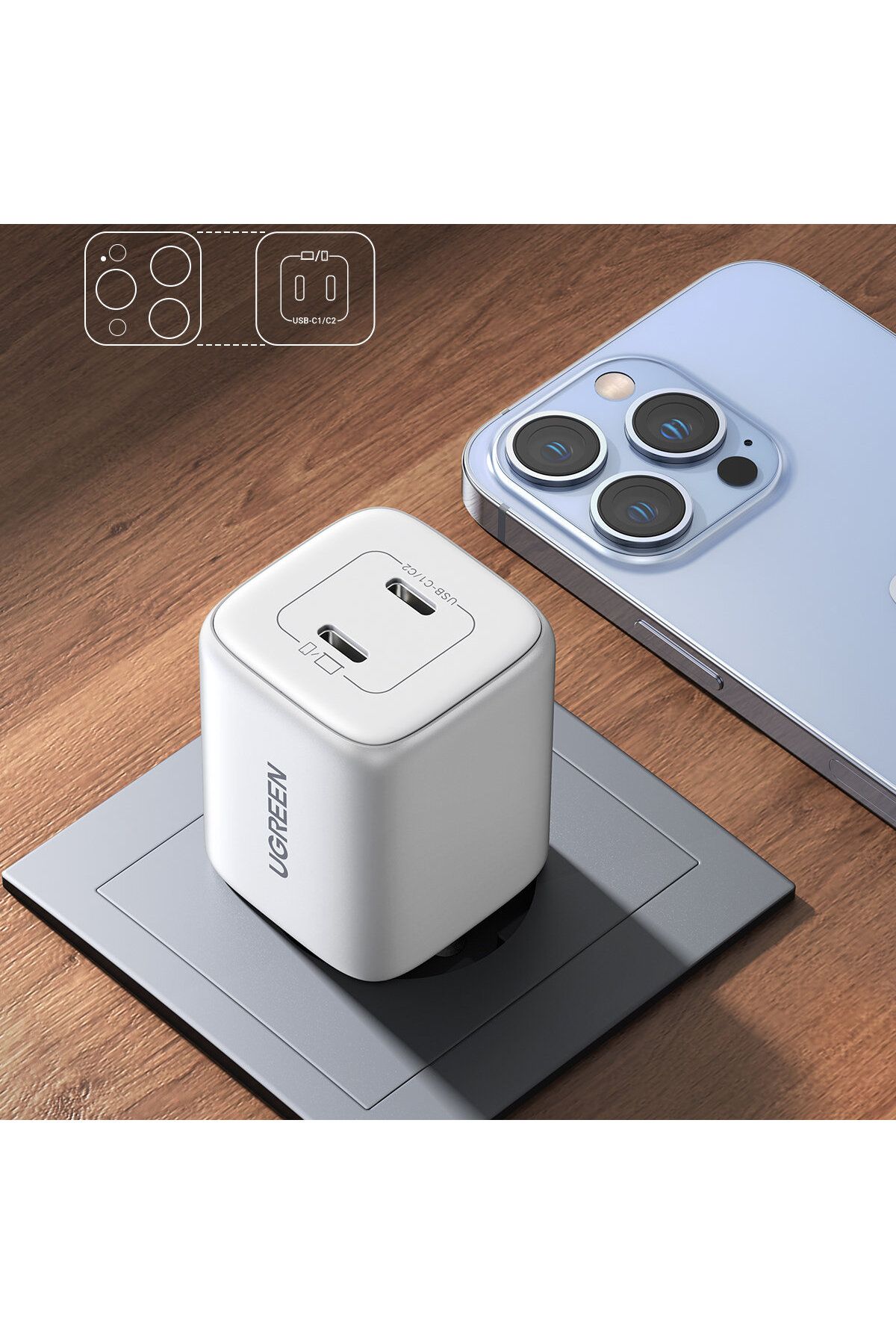 Ugreen-Încărcător rapid de perete GaN 2x USB-C 45W QC PD, alb 8