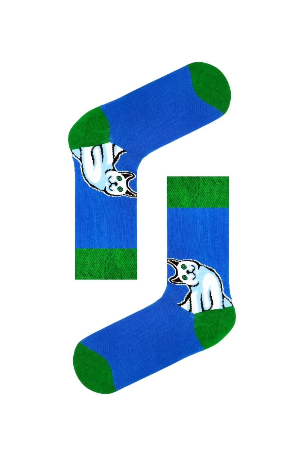 CARNAVAL SOCKS-Blue Colored Socket Socks with White Cat Pattern 1
