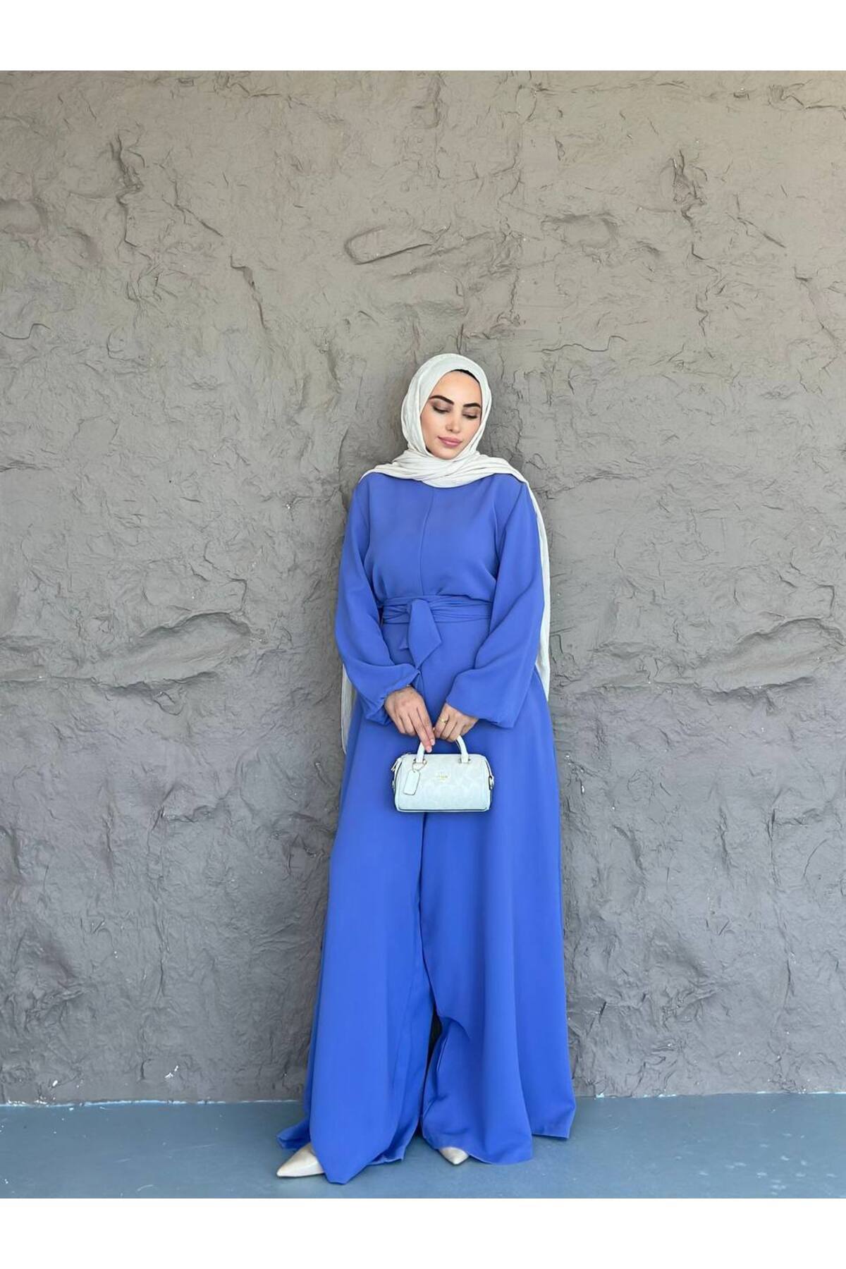 She Olive Kuşaklı Bol Paça tesettür Tulum – Şık ve Rahat Tasarım