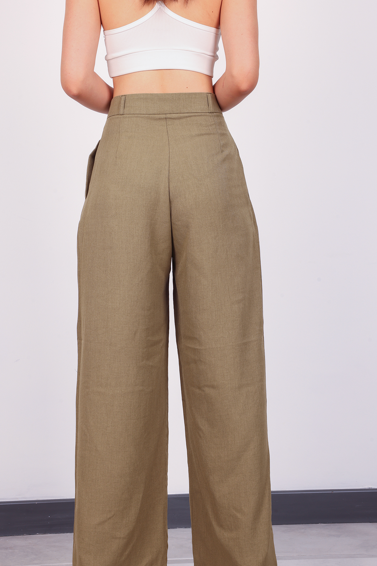 polle  Kadın Haki Pileli Yüksek Bel Keten Palazzo Pantolon - Görsel 5