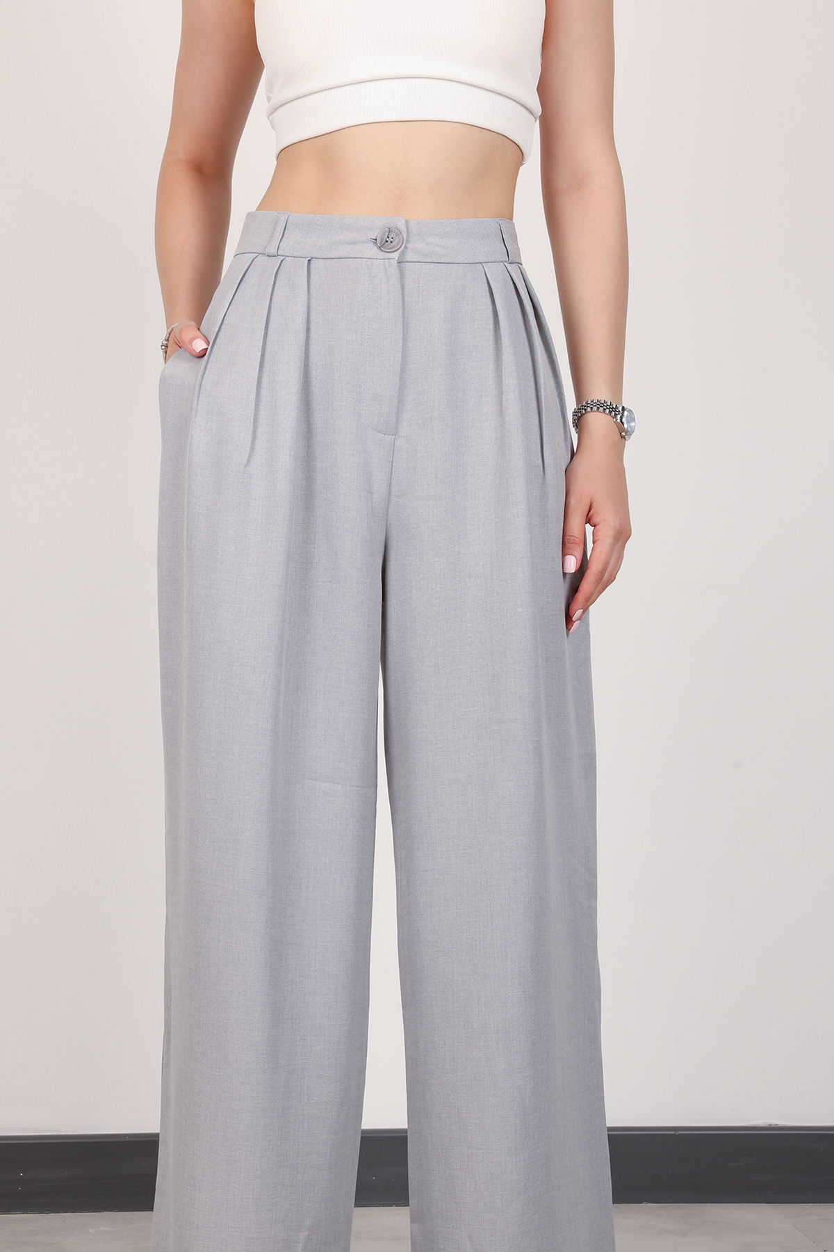 polle  Kadın Gri Pileli Yüksek Bel Keten Palazzo Pantolon - Görsel 2