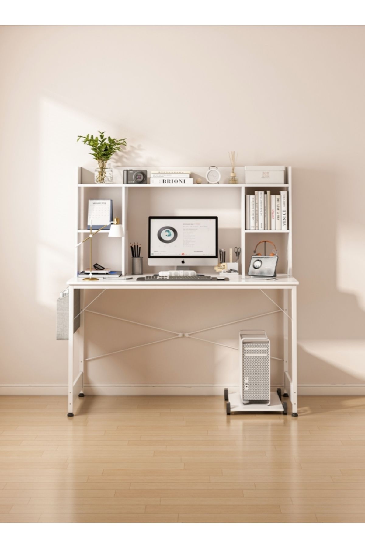 Sheinhome-Study Desk with Bookshelf, Computer Table Home Office Desks With Storage Bag,CPU Holder 5